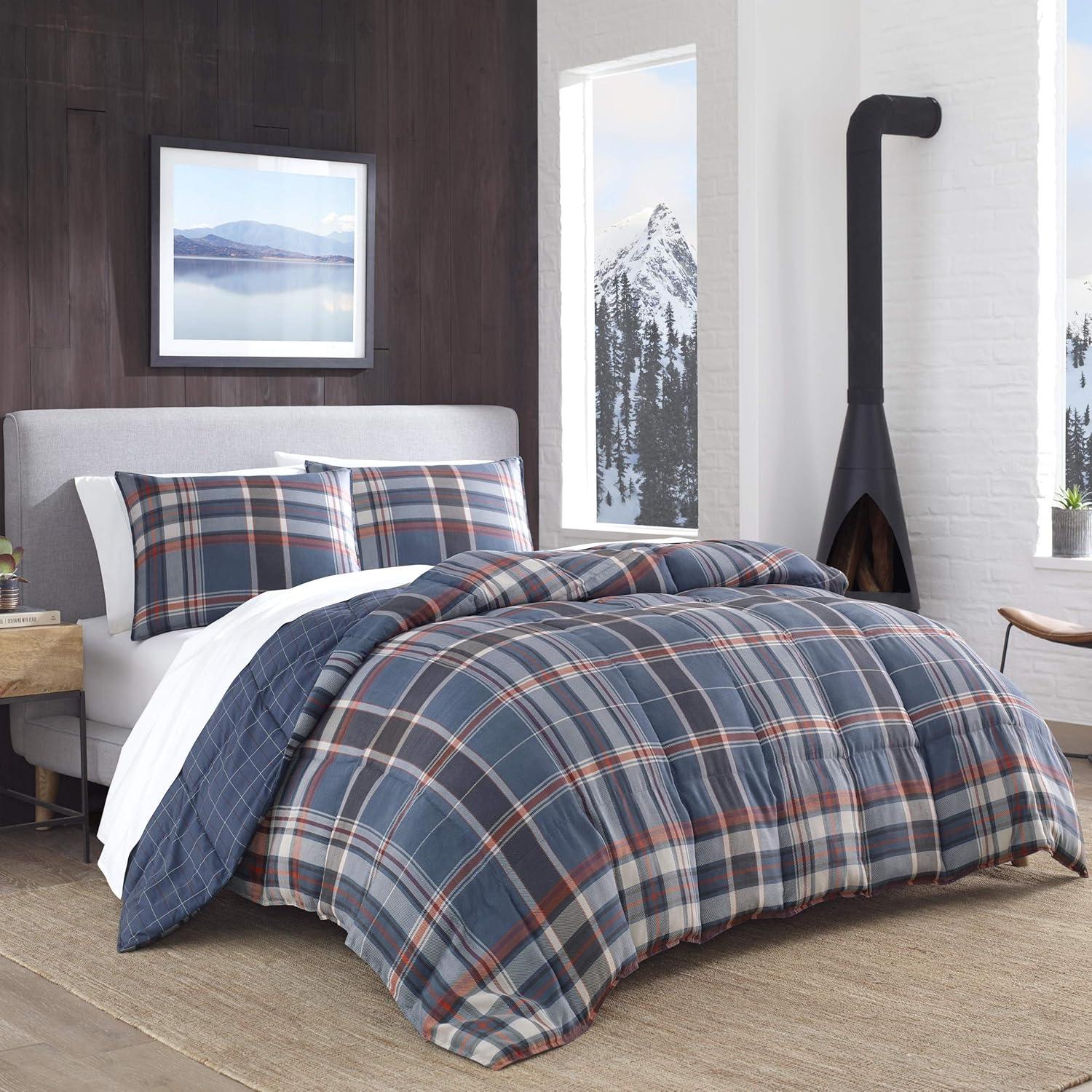 imageEddie Bauer Twin Comforter Set Microsuede Bedding with Soft Plush Faux Shearling Reverse 2 Piece Bed Set with Matching Pillowcase Big Lake Plaid GreenMedium Indigo