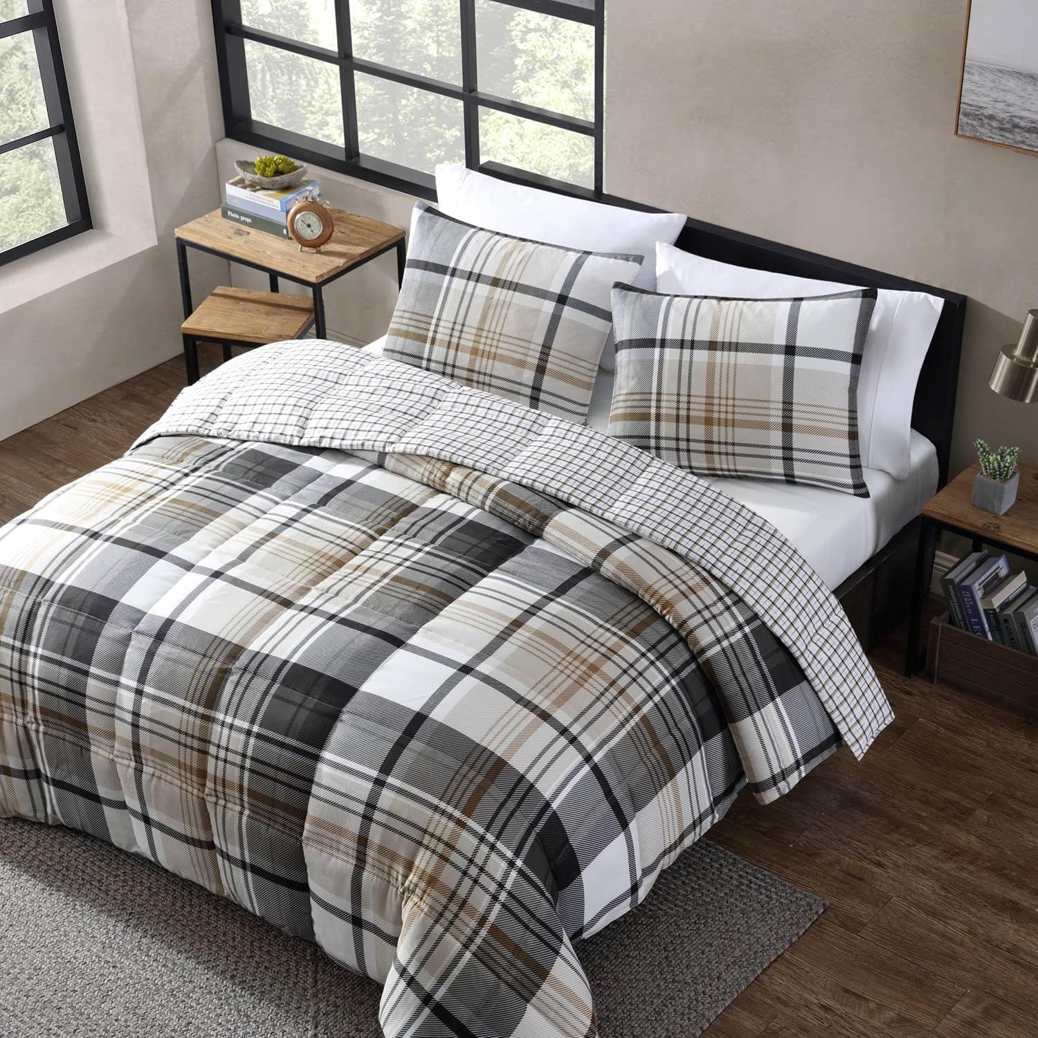 imageEddie Bauer Twin Comforter Set Microsuede Bedding with Soft Plush Faux Shearling Reverse 2 Piece Bed Set with Matching Pillowcase Big Lake Plaid GreenNormandy Plaid Grey