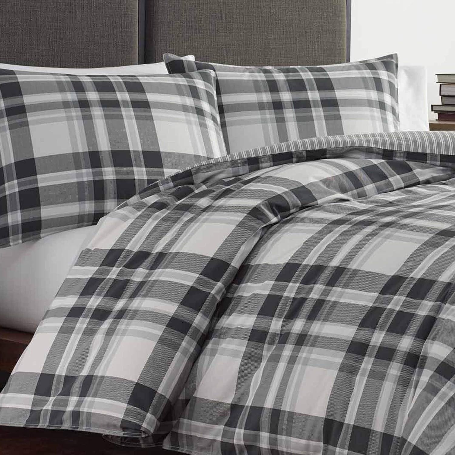 imageEddie Bauer Twin Comforter Set Microsuede Bedding with Soft Plush Faux Shearling Reverse 2 Piece Bed Set with Matching Pillowcase Big Lake Plaid GreenCoal Creek Grey