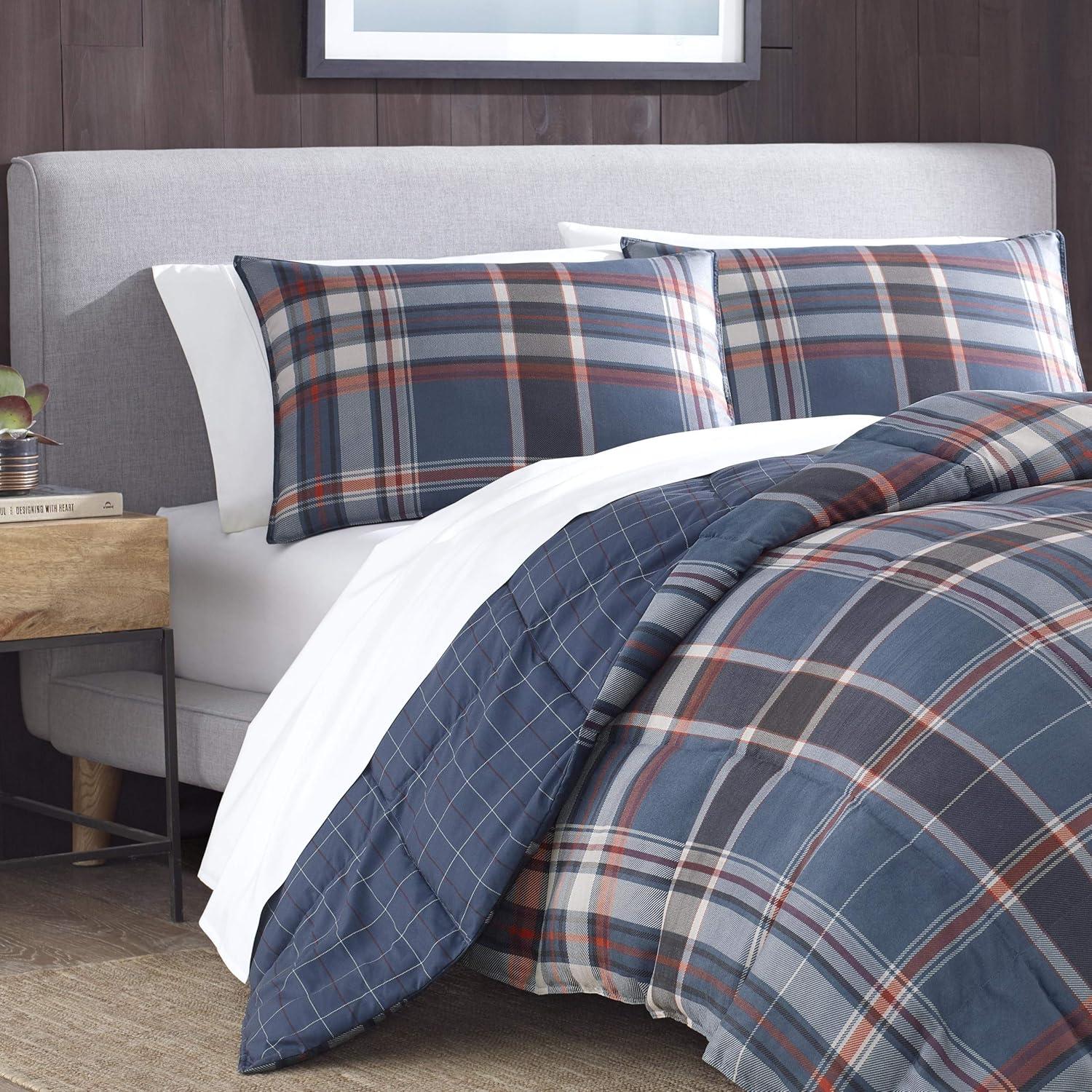 imageEddie Bauer Twin Comforter Set Microsuede Bedding with Soft Plush Faux Shearling Reverse 2 Piece Bed Set with Matching Pillowcase Big Lake Plaid GreenMedium Indigo