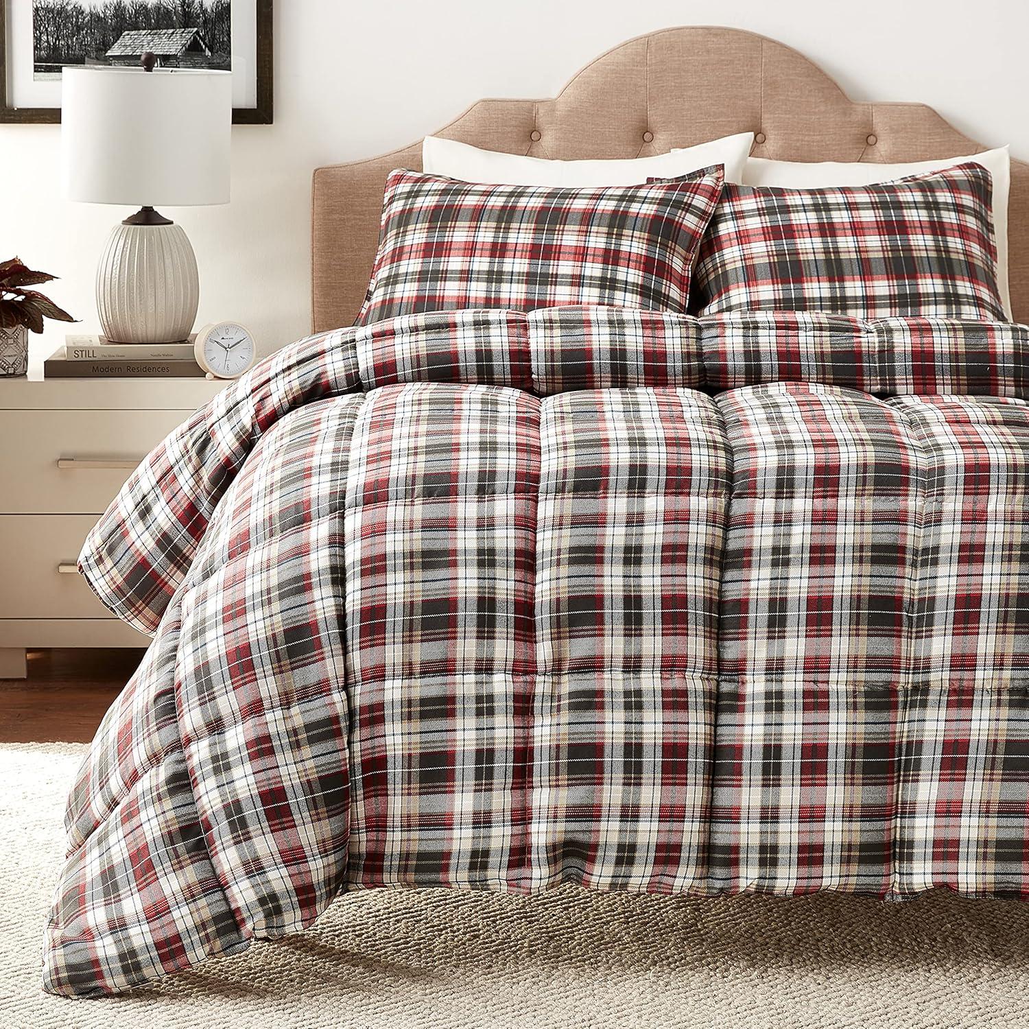 imageEddie Bauer Twin Comforter Set Reversible Cotton Bedding with Matching Sham Floral Print with Plaid Reverse MediumWeight Dorm Essentials Woodland Forest GreyAstoria RedCharcoal