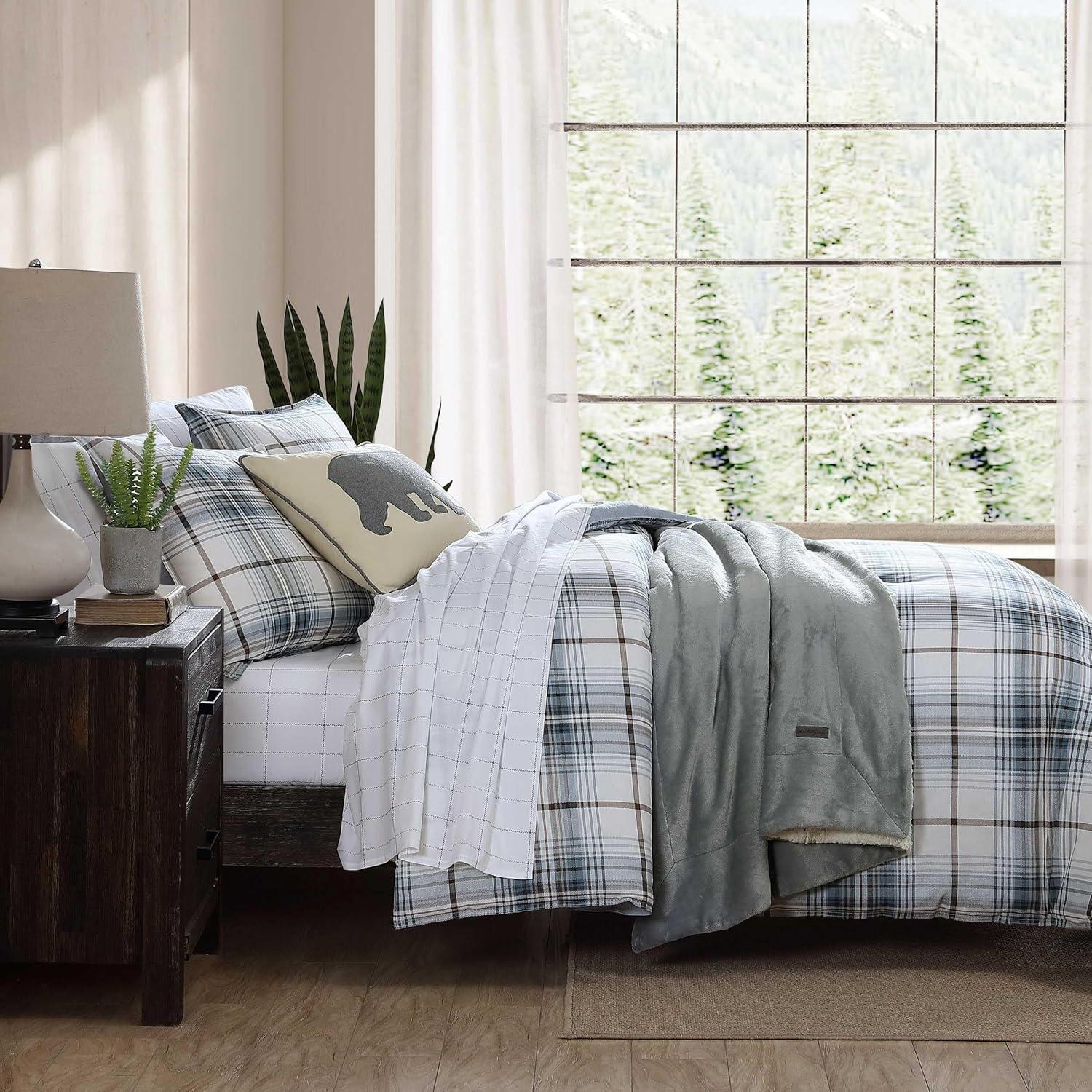 imageEddie Bauer Twin Comforter Set Reversible Cotton Bedding with Matching Sham Floral Print with Plaid Reverse MediumWeight Dorm Essentials Woodland Forest GreyAlder Plaid BlueGrey