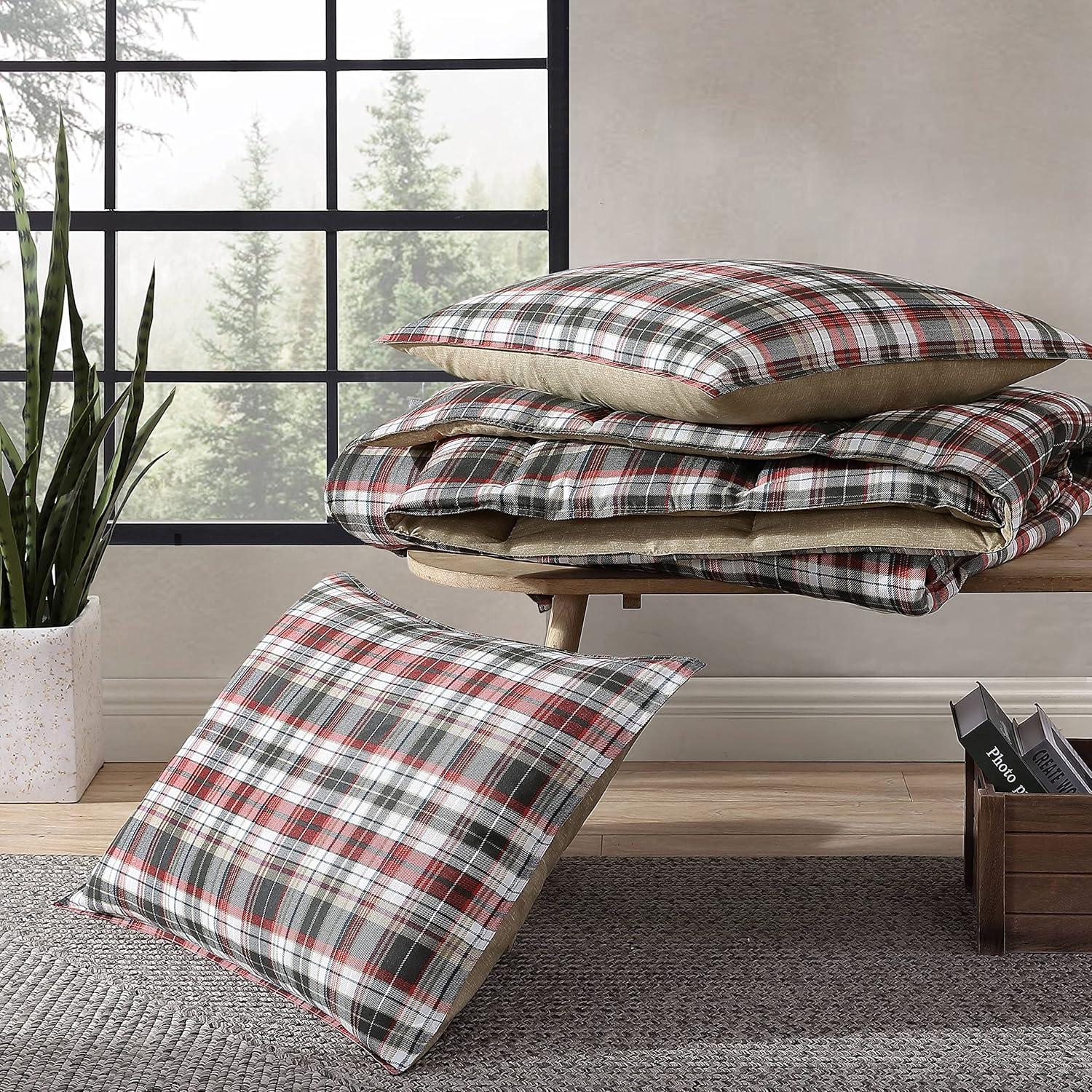imageEddie Bauer Twin Comforter Set Reversible Cotton Bedding with Matching Sham Floral Print with Plaid Reverse MediumWeight Dorm Essentials Woodland Forest GreyAstoria RedCharcoal