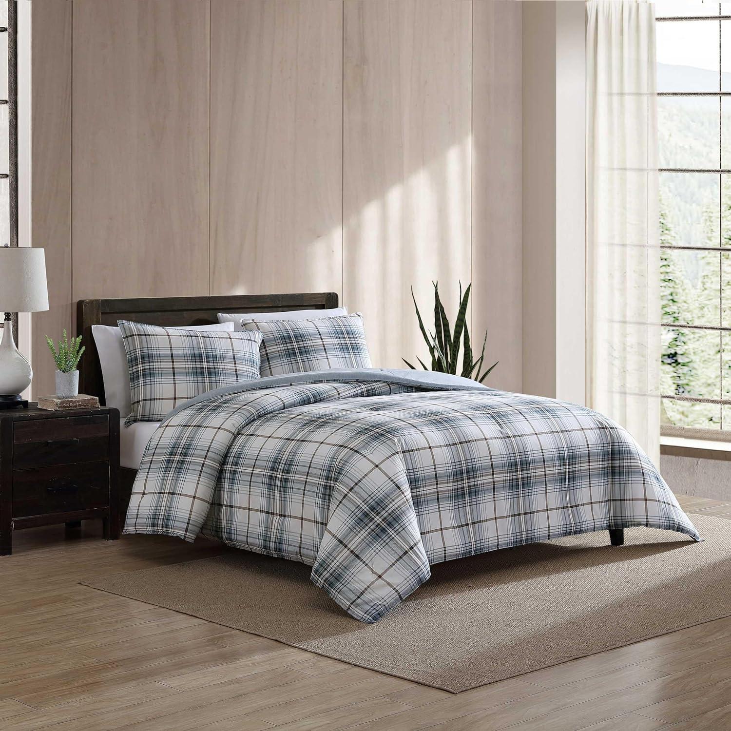 imageEddie Bauer Twin Comforter Set Reversible Cotton Bedding with Matching Sham Floral Print with Plaid Reverse MediumWeight Dorm Essentials Woodland Forest GreyAlder Plaid BlueGrey