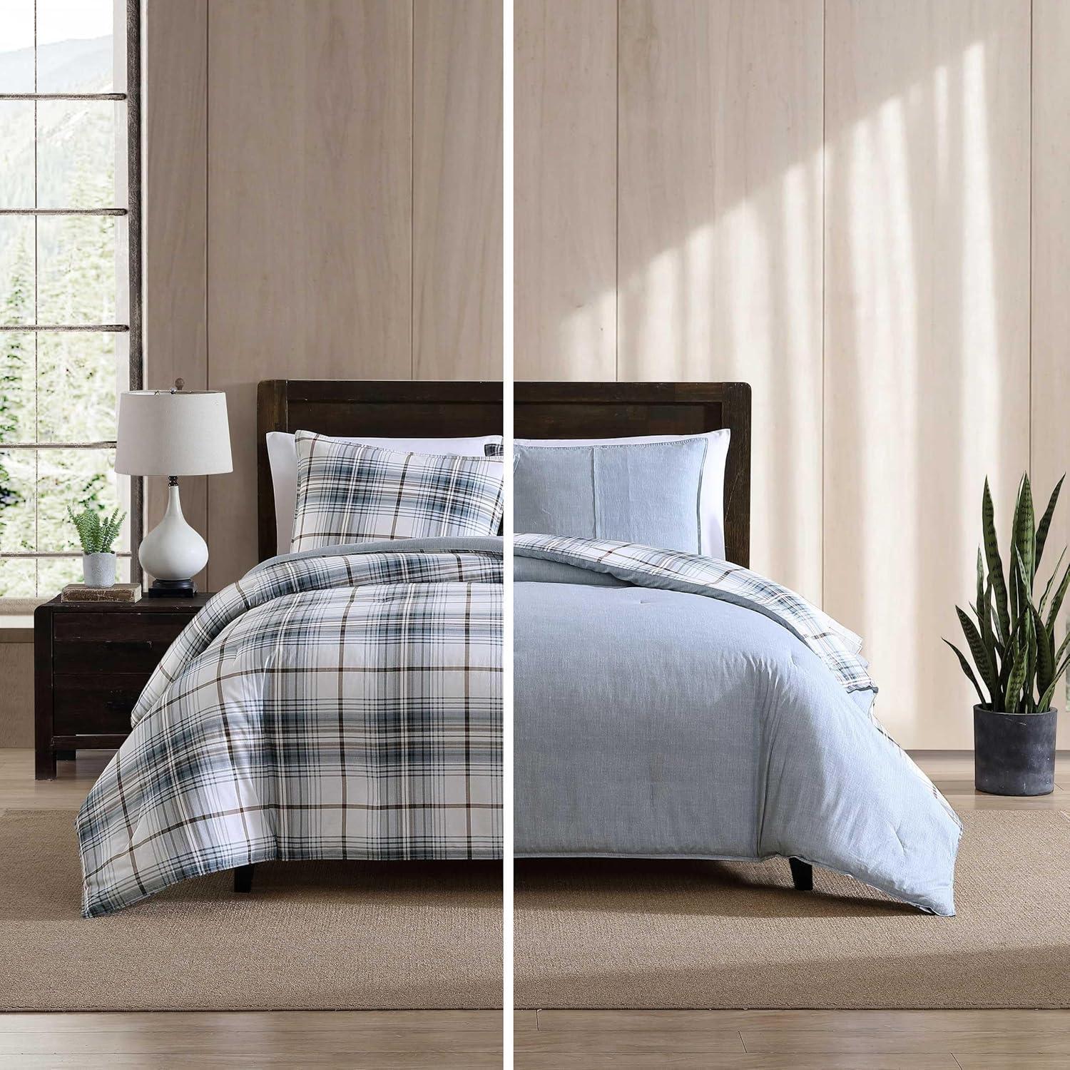 imageEddie Bauer Twin Comforter Set Reversible Cotton Bedding with Matching Sham Floral Print with Plaid Reverse MediumWeight Dorm Essentials Woodland Forest GreyAlder Plaid BlueGrey
