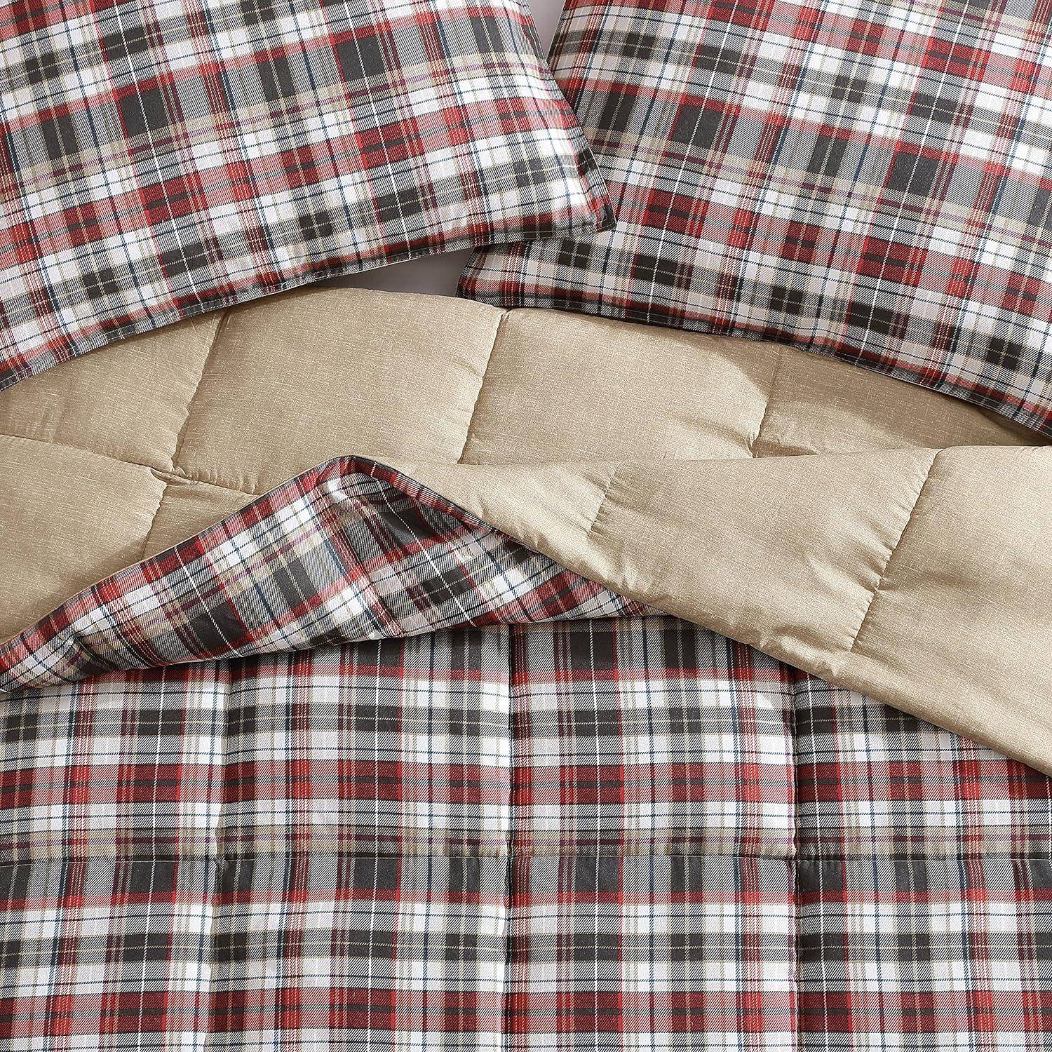 imageEddie Bauer Twin Comforter Set Reversible Cotton Bedding with Matching Sham Floral Print with Plaid Reverse MediumWeight Dorm Essentials Woodland Forest GreyAstoria RedCharcoal