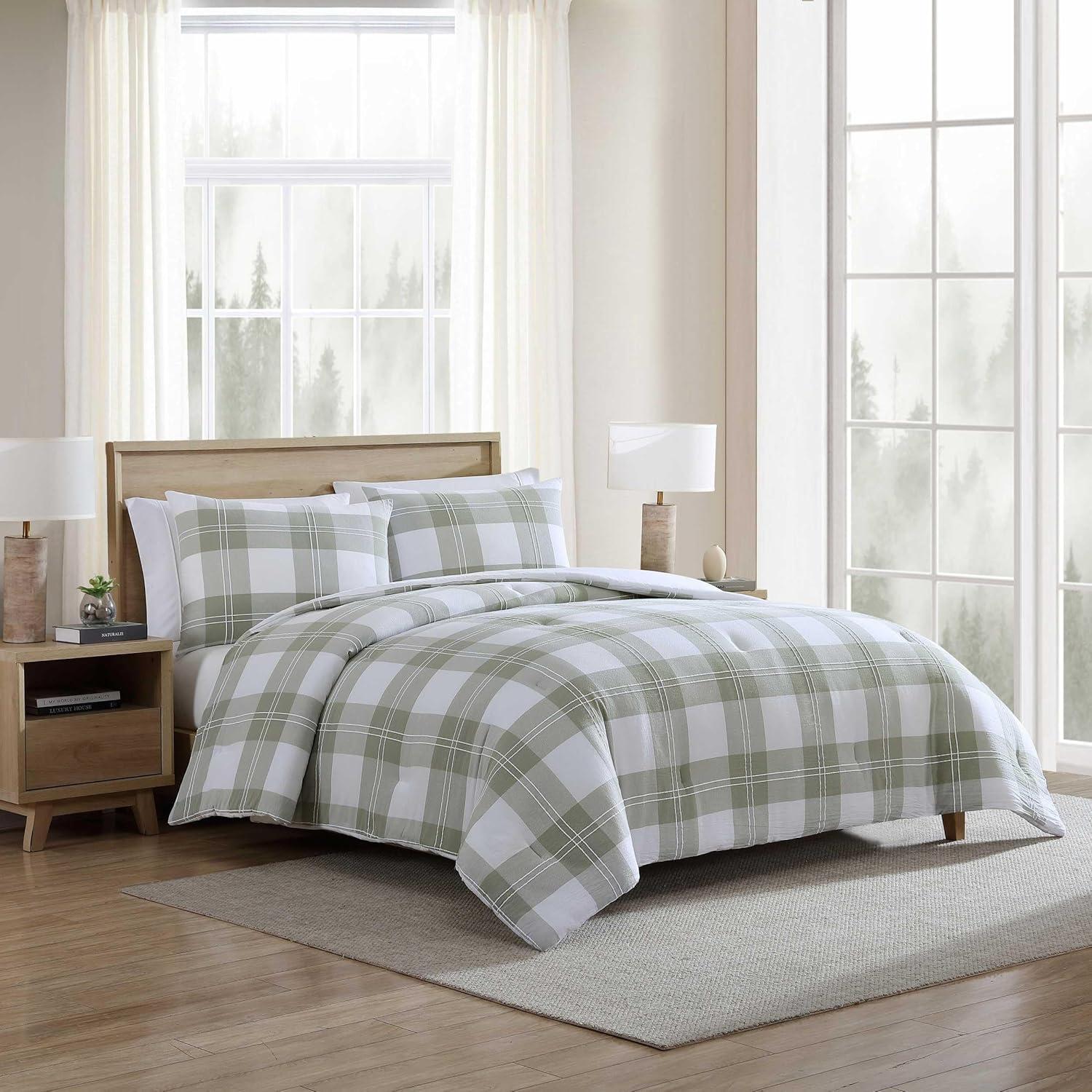 imageEddie Bauer Twin Comforter Set Reversible Cotton Bedding with Matching Sham Floral Print with Plaid Reverse MediumWeight Dorm Essentials Woodland Forest GreyMountain Embroidery Plaid Green