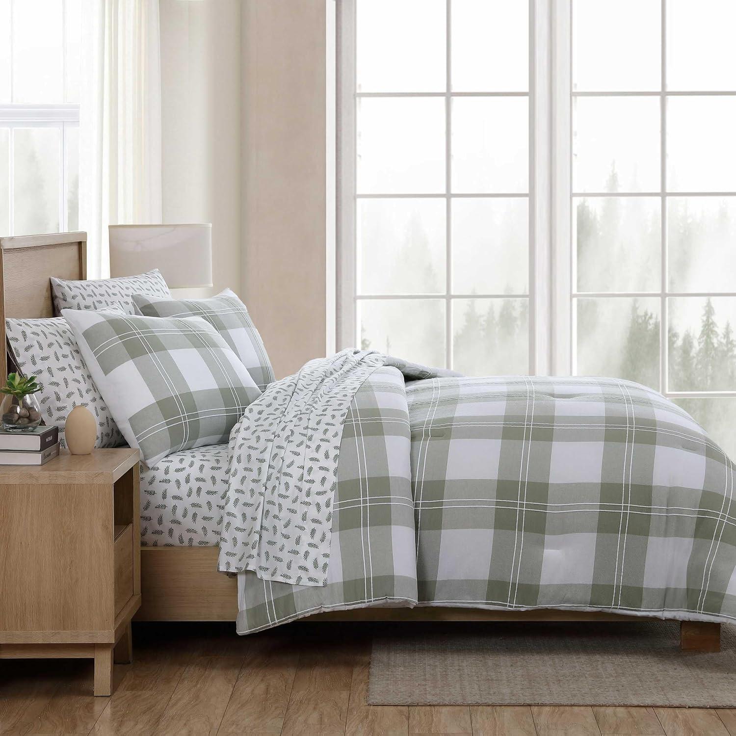 imageEddie Bauer Twin Comforter Set Reversible Cotton Bedding with Matching Sham Floral Print with Plaid Reverse MediumWeight Dorm Essentials Woodland Forest GreyMountain Embroidery Plaid Green