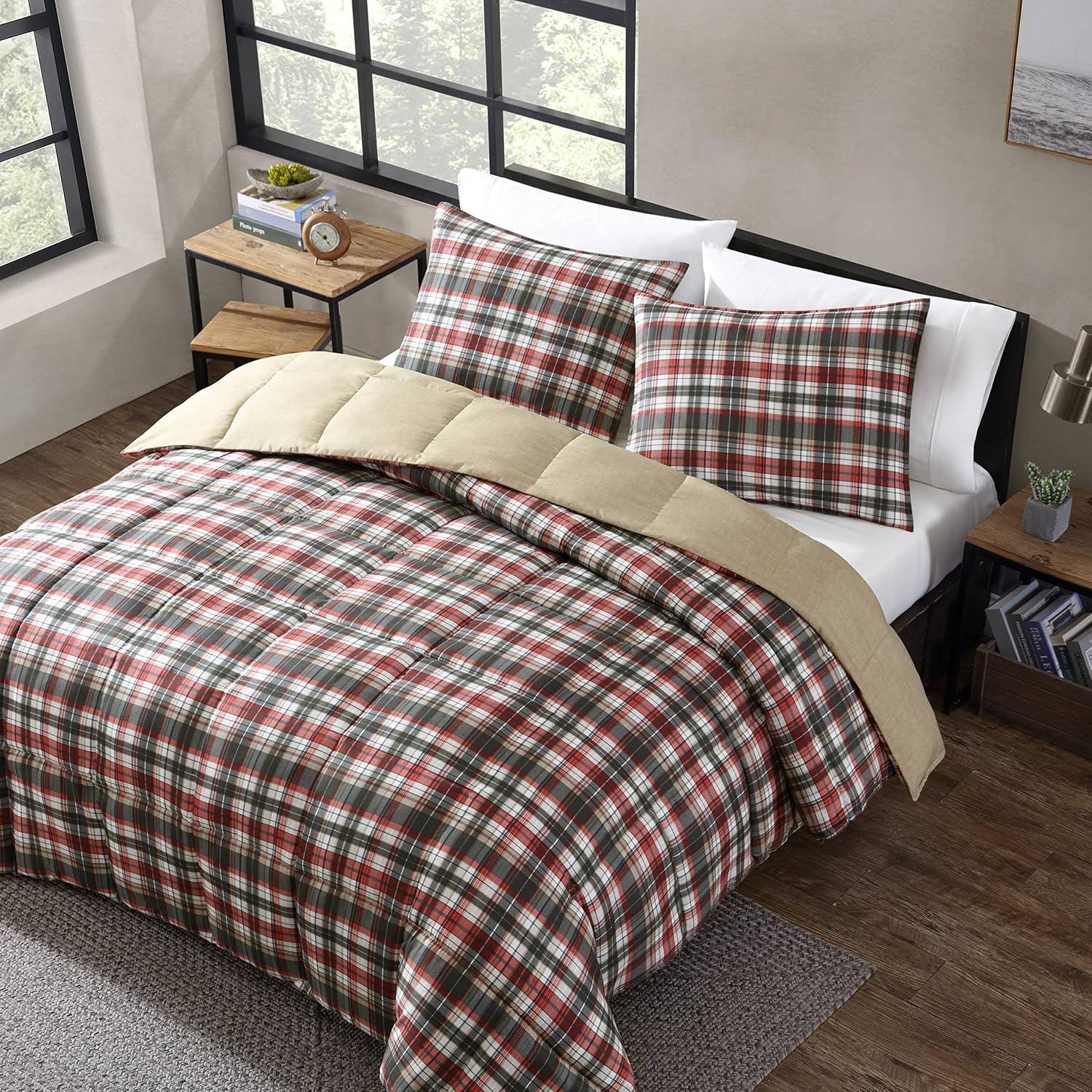imageEddie Bauer Twin Comforter Set Reversible Cotton Bedding with Matching Sham Floral Print with Plaid Reverse MediumWeight Dorm Essentials Woodland Forest GreyAstoria RedCharcoal