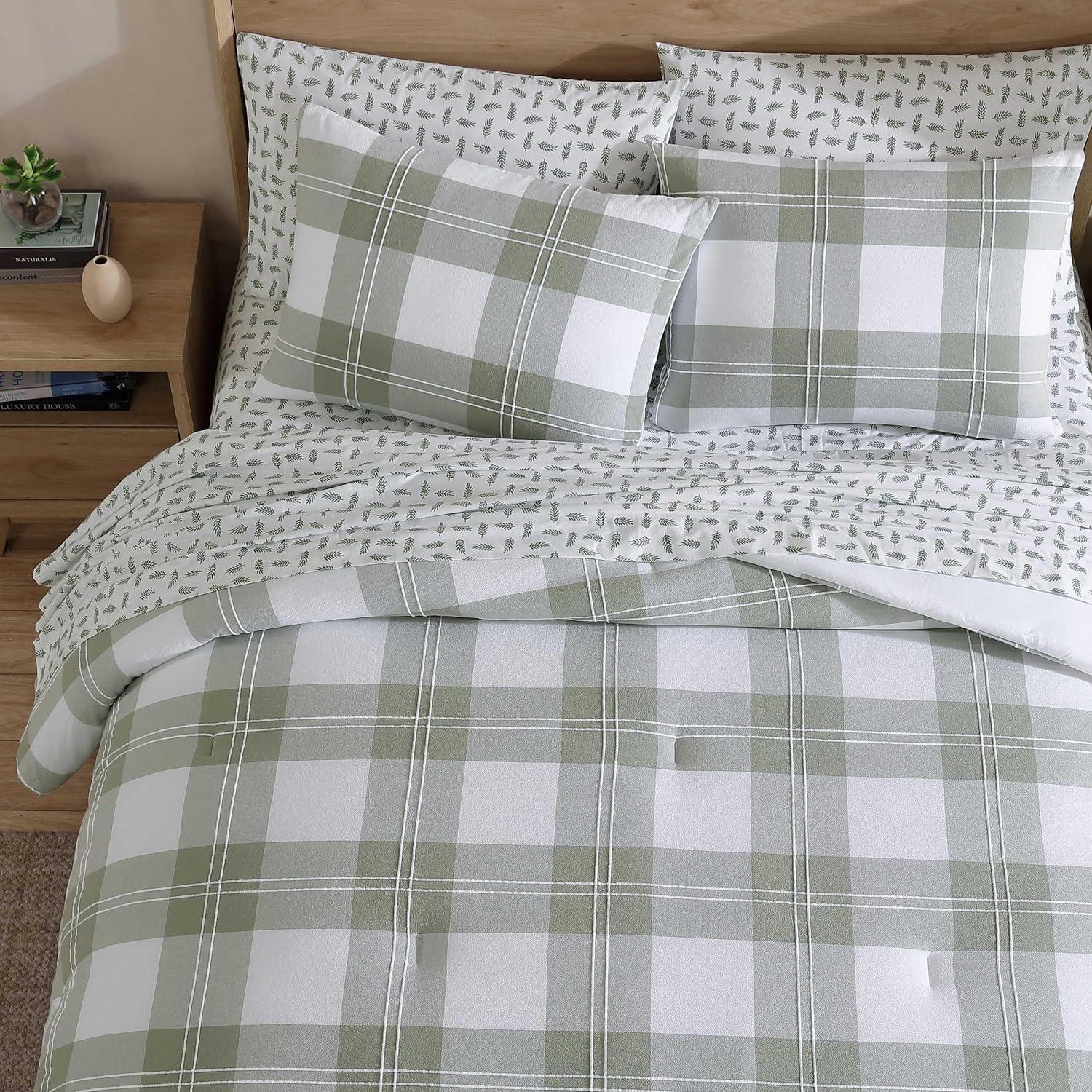 imageEddie Bauer Twin Comforter Set Reversible Cotton Bedding with Matching Sham Floral Print with Plaid Reverse MediumWeight Dorm Essentials Woodland Forest GreyMountain Embroidery Plaid Green