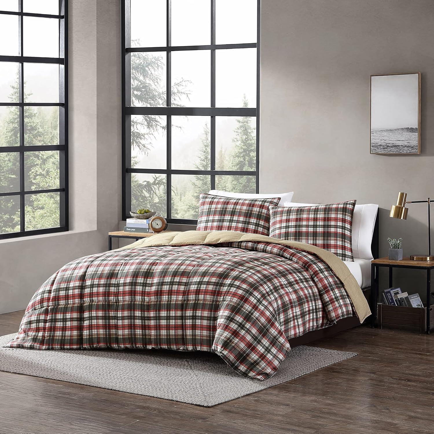 imageEddie Bauer Twin Comforter Set Reversible Cotton Bedding with Matching Sham Floral Print with Plaid Reverse MediumWeight Dorm Essentials Woodland Forest GreyAstoria RedCharcoal