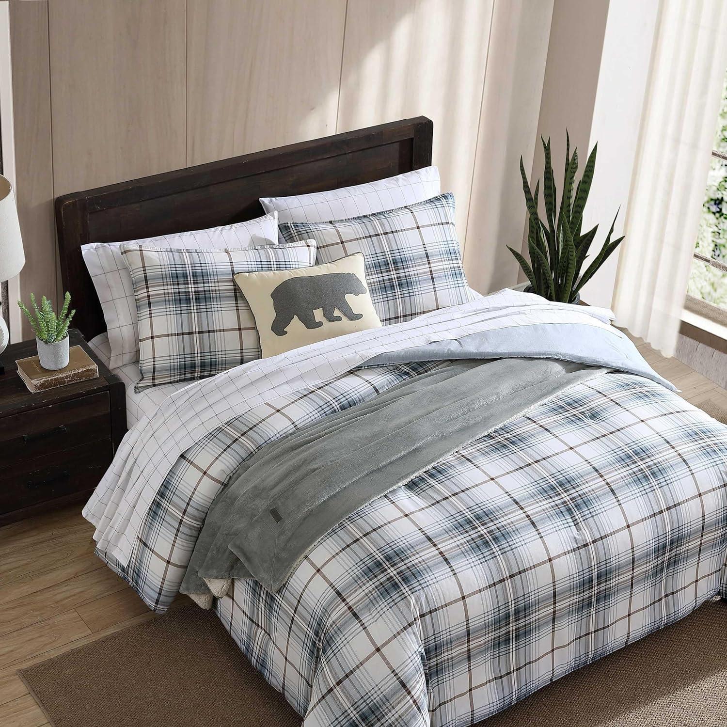 imageEddie Bauer Twin Comforter Set Reversible Cotton Bedding with Matching Sham Floral Print with Plaid Reverse MediumWeight Dorm Essentials Woodland Forest GreyAlder Plaid BlueGrey
