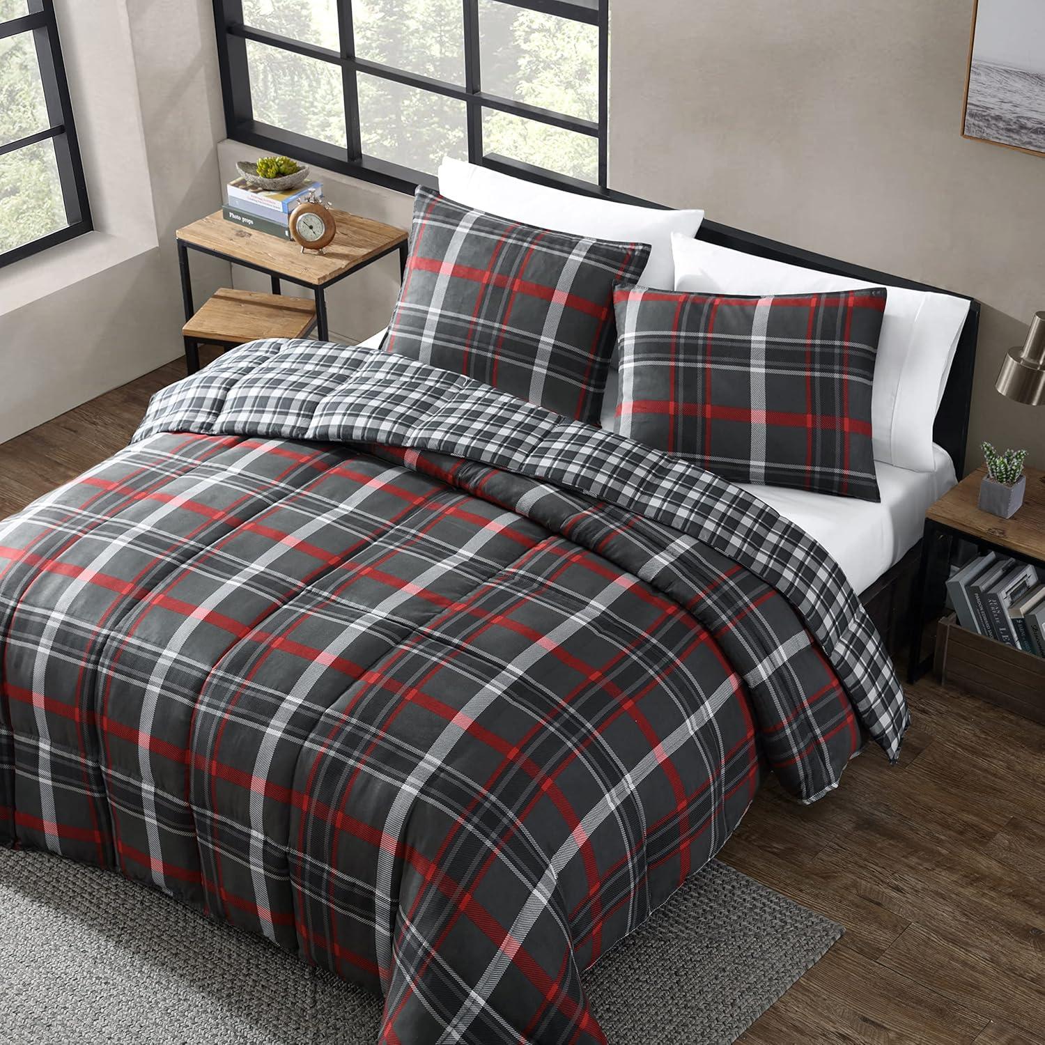 imageEddie Bauer Twin Comforter Set Reversible Plaid Bedding with Matching Sham Cozy Home Decor for Colder Months OekoTex Certified Willow Plaid Grey Twin