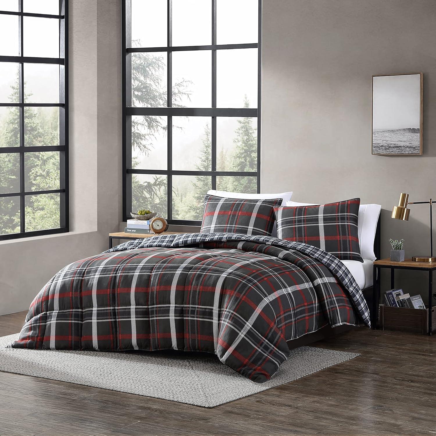 imageEddie Bauer Twin Comforter Set Reversible Plaid Bedding with Matching Sham Cozy Home Decor for Colder Months OekoTex Certified Willow Plaid Grey Twin