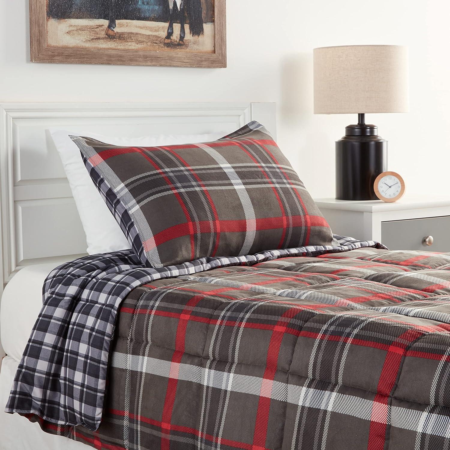 imageEddie Bauer Twin Comforter Set Reversible Plaid Bedding with Matching Sham Cozy Home Decor for Colder Months OekoTex Certified Willow Plaid Grey Twin