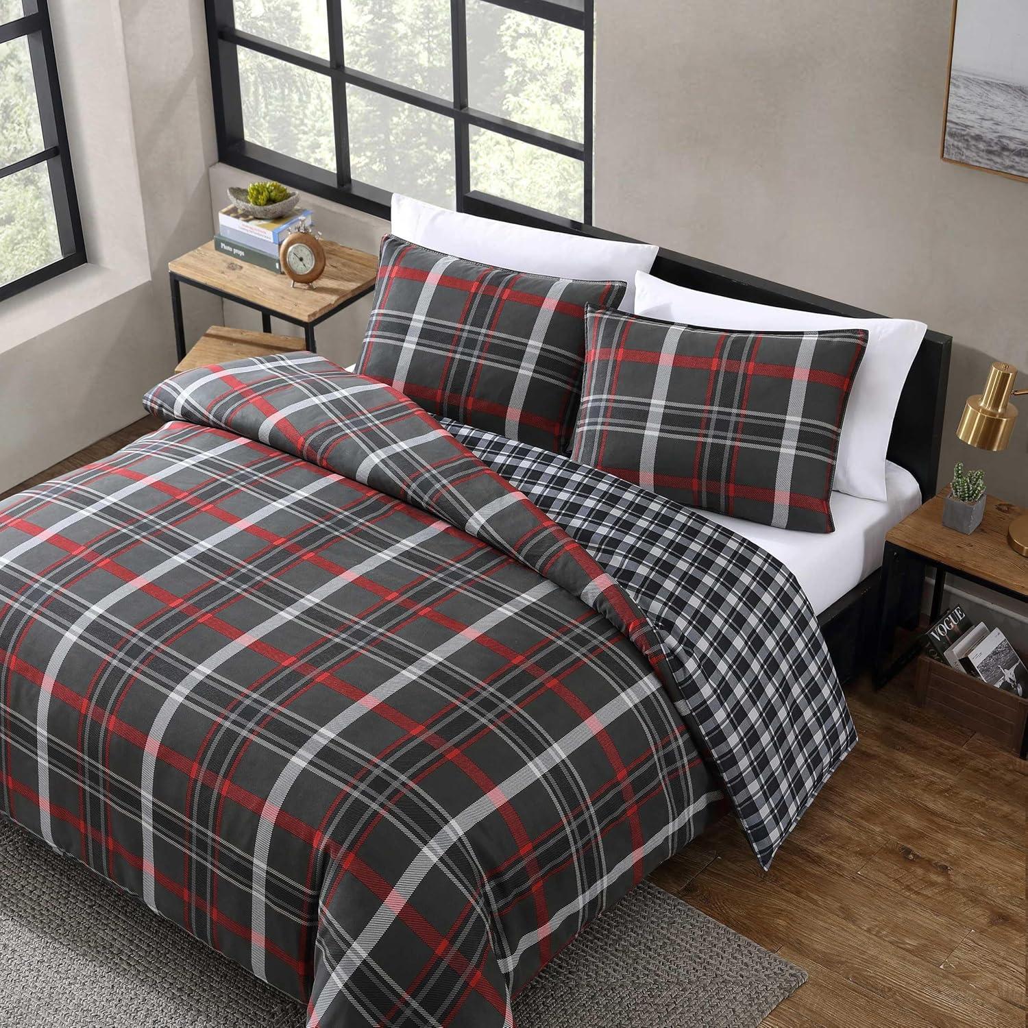 imageEddie Bauer Twin Duvet Cover Set Cotton Reversible Bedding Buffalo Plaid Home Decor for All Seasons Black Check TwinGrey