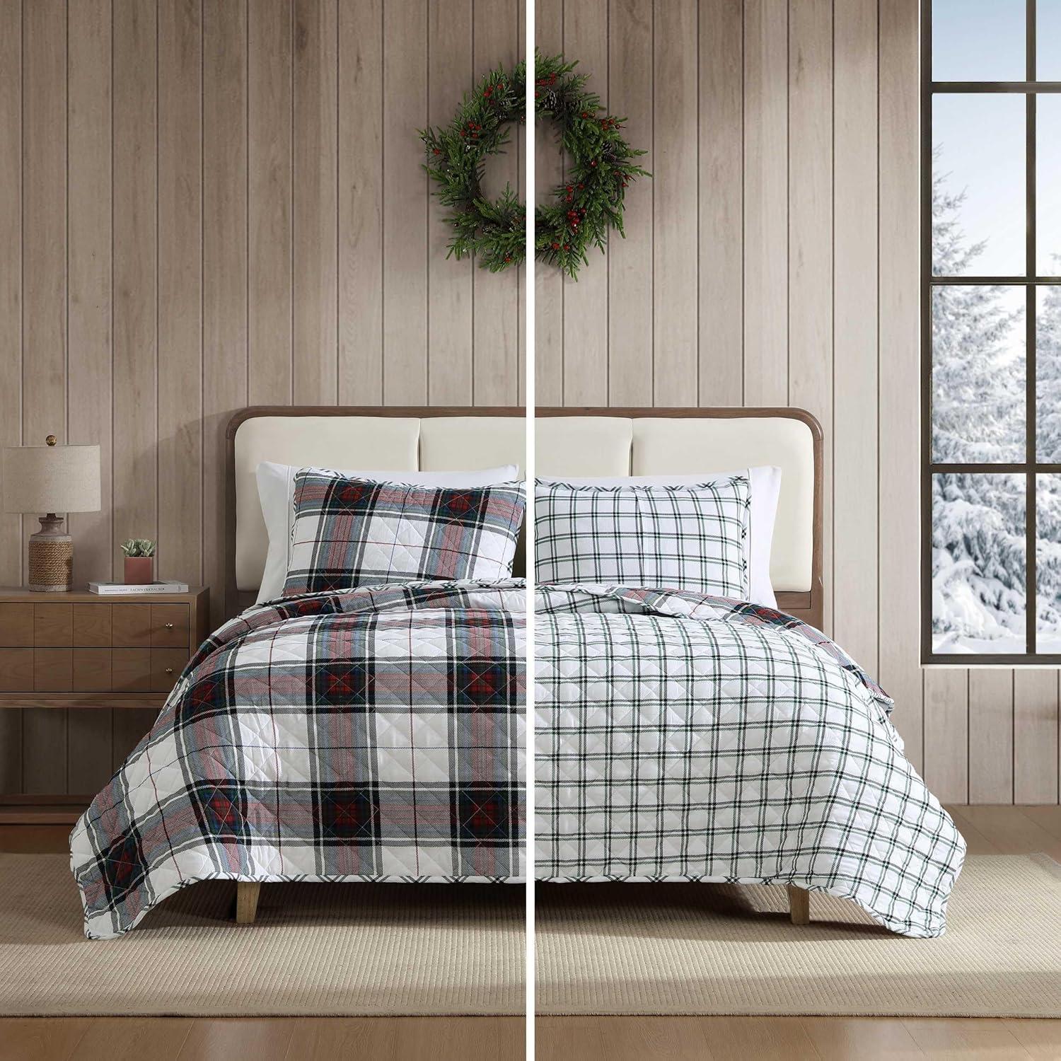imageEddie Bauer Twin Quilt Set Super Soft Bedding with Matching Shams Rounded Corners Diamond Corner Stitch Mountain Moose Grey TwinHoliday Plaid Flannel Red