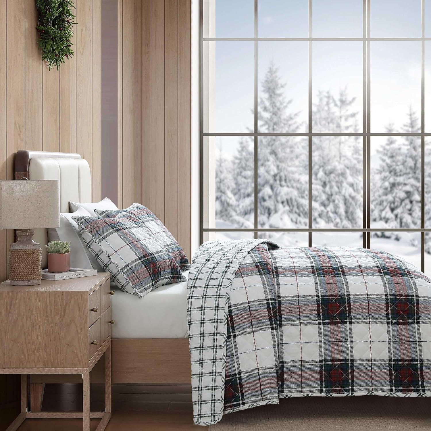 imageEddie Bauer Twin Quilt Set Super Soft Bedding with Matching Shams Rounded Corners Diamond Corner Stitch Mountain Moose Grey TwinHoliday Plaid Flannel Red