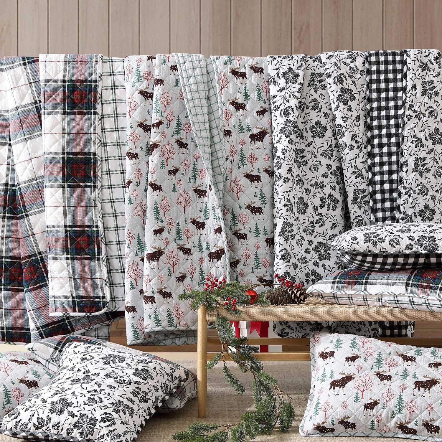 imageEddie Bauer Twin Quilt Set Super Soft Bedding with Matching Shams Rounded Corners Diamond Corner Stitch Mountain Moose Grey TwinHoliday Plaid Flannel Red