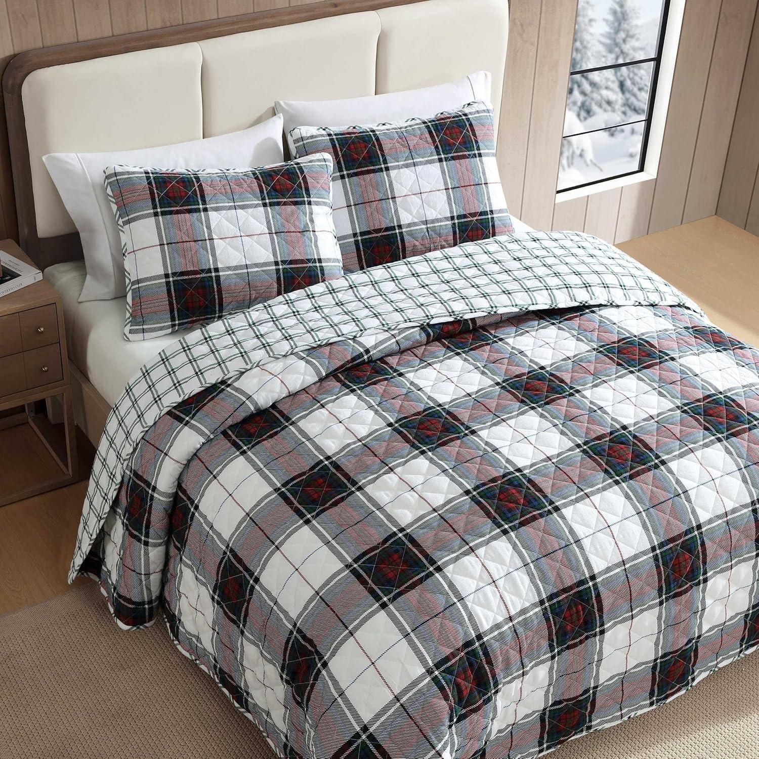 imageEddie Bauer Twin Quilt Set Super Soft Bedding with Matching Shams Rounded Corners Diamond Corner Stitch Mountain Moose Grey TwinHoliday Plaid Flannel Red