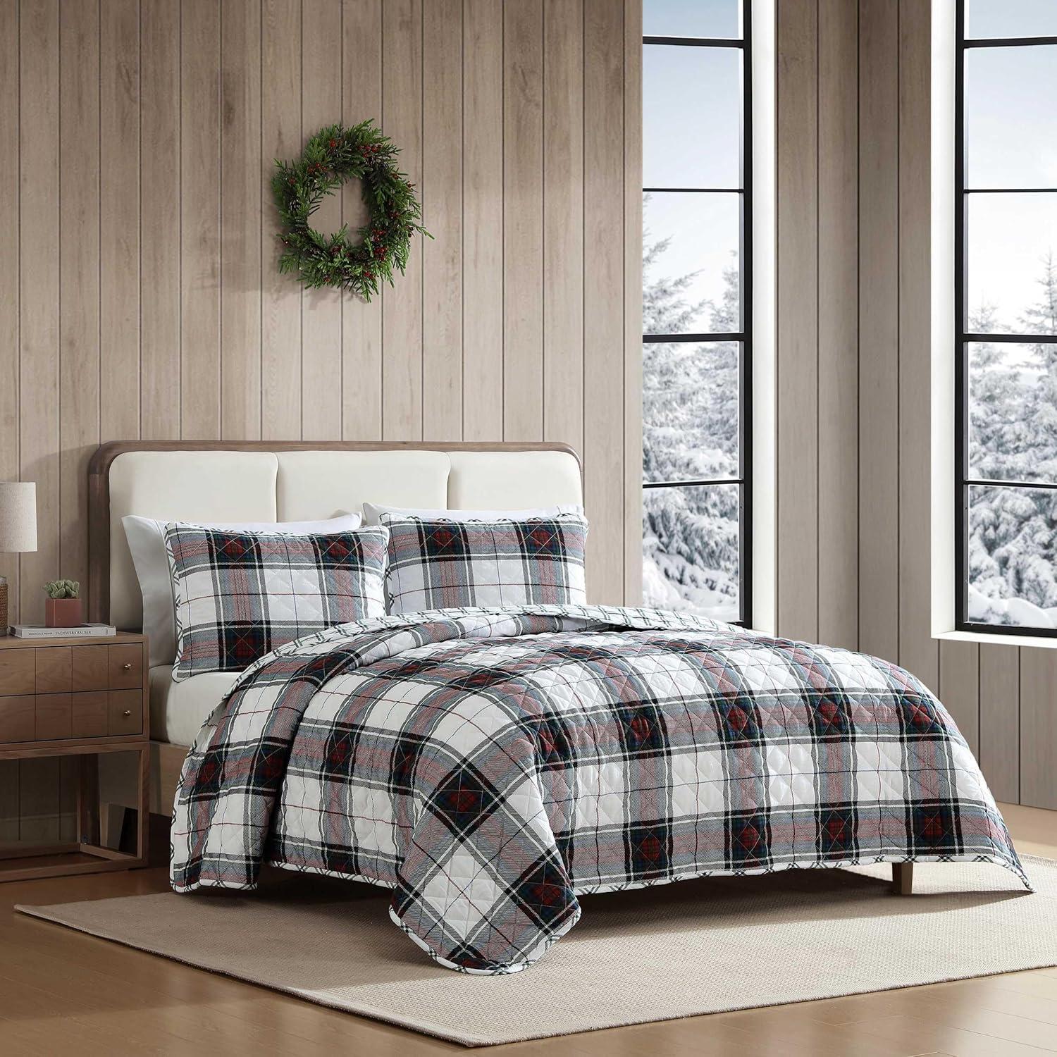 imageEddie Bauer Twin Quilt Set Super Soft Bedding with Matching Shams Rounded Corners Diamond Corner Stitch Mountain Moose Grey TwinHoliday Plaid Flannel Red