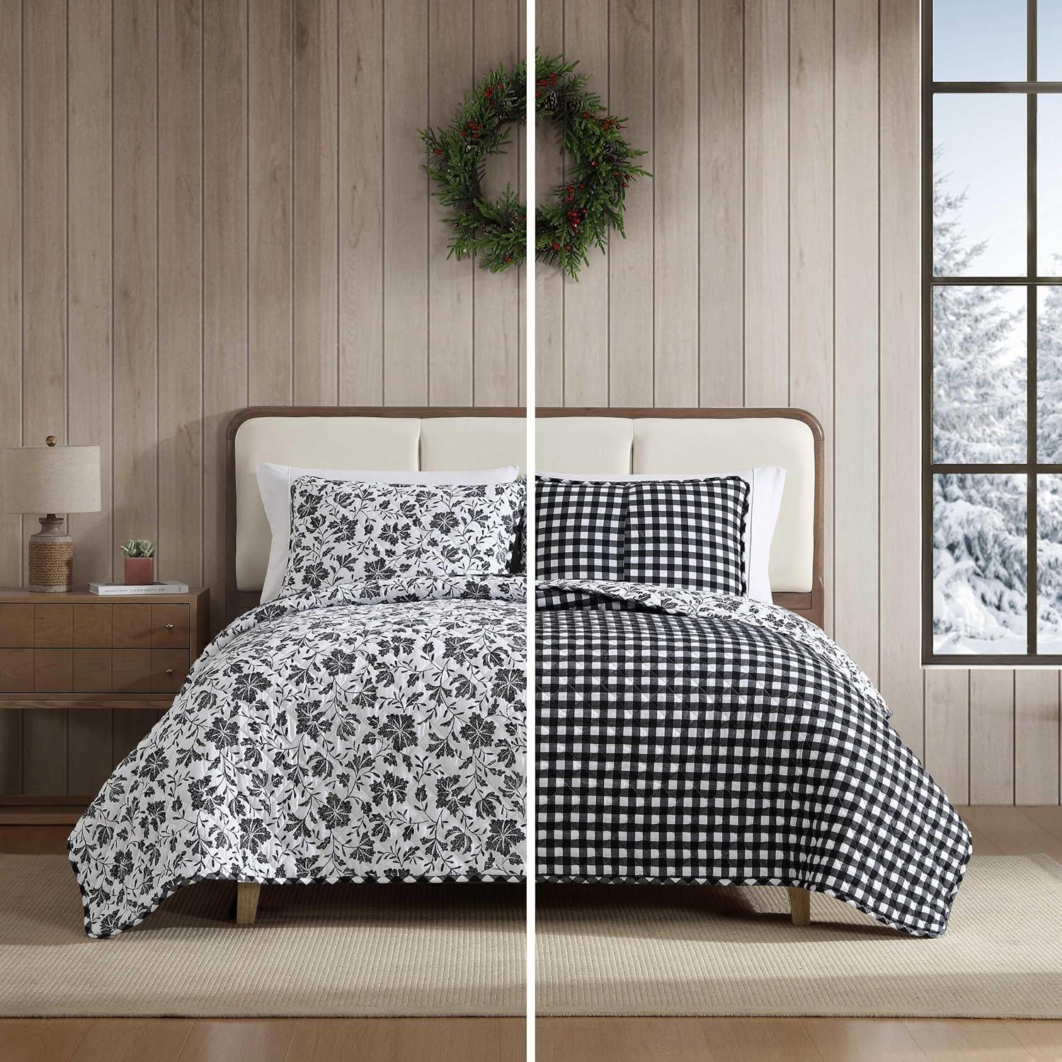 imageEddie Bauer Twin Quilt Set Super Soft Bedding with Matching Shams Rounded Corners Diamond Corner Stitch Mountain Moose Grey TwinWoodblock Floral Black