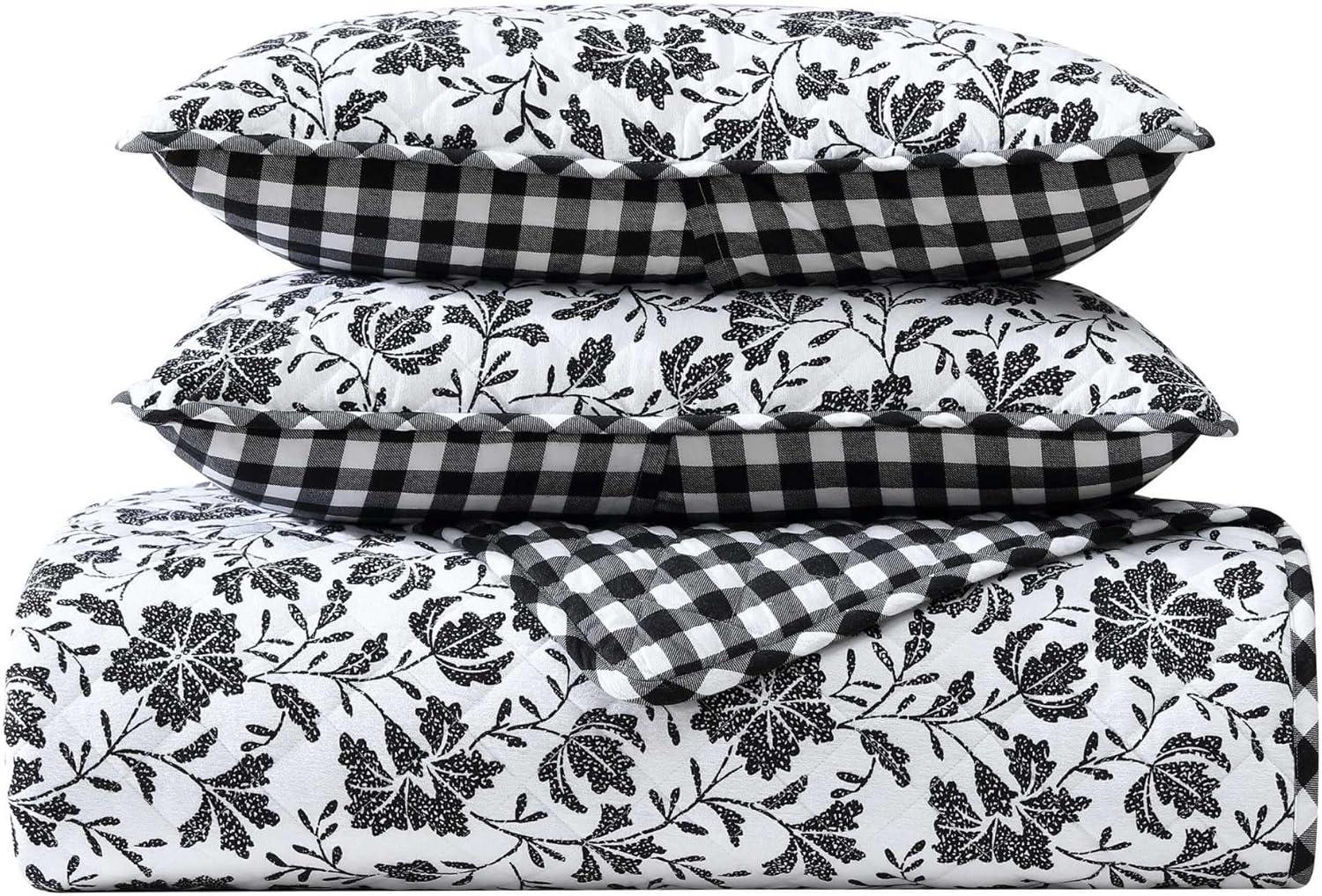 imageEddie Bauer Twin Quilt Set Super Soft Bedding with Matching Shams Rounded Corners Diamond Corner Stitch Mountain Moose Grey TwinWoodblock Floral Black