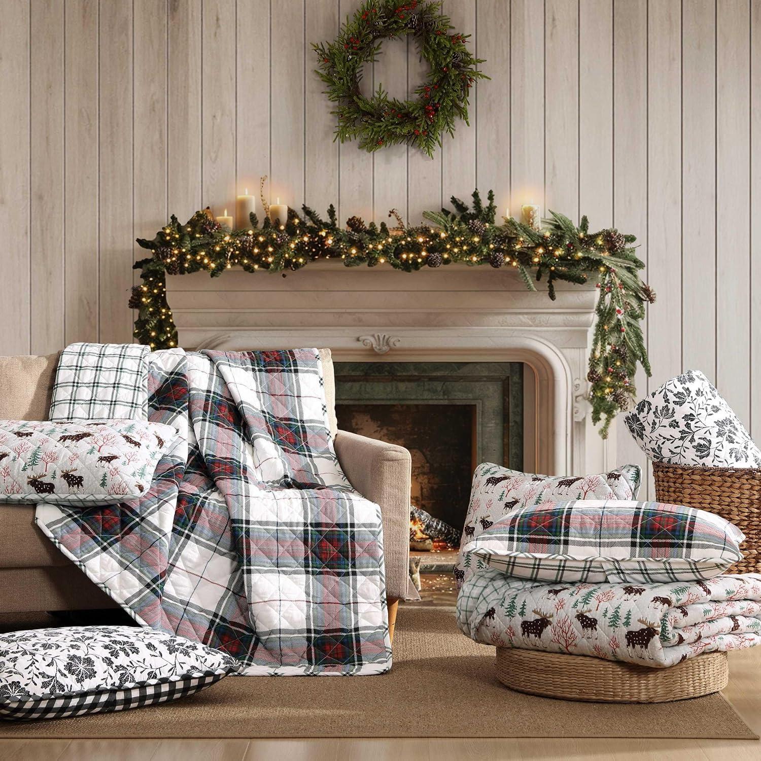 imageEddie Bauer Twin Quilt Set Super Soft Bedding with Matching Shams Rounded Corners Diamond Corner Stitch Mountain Moose Grey TwinWoodblock Floral Black