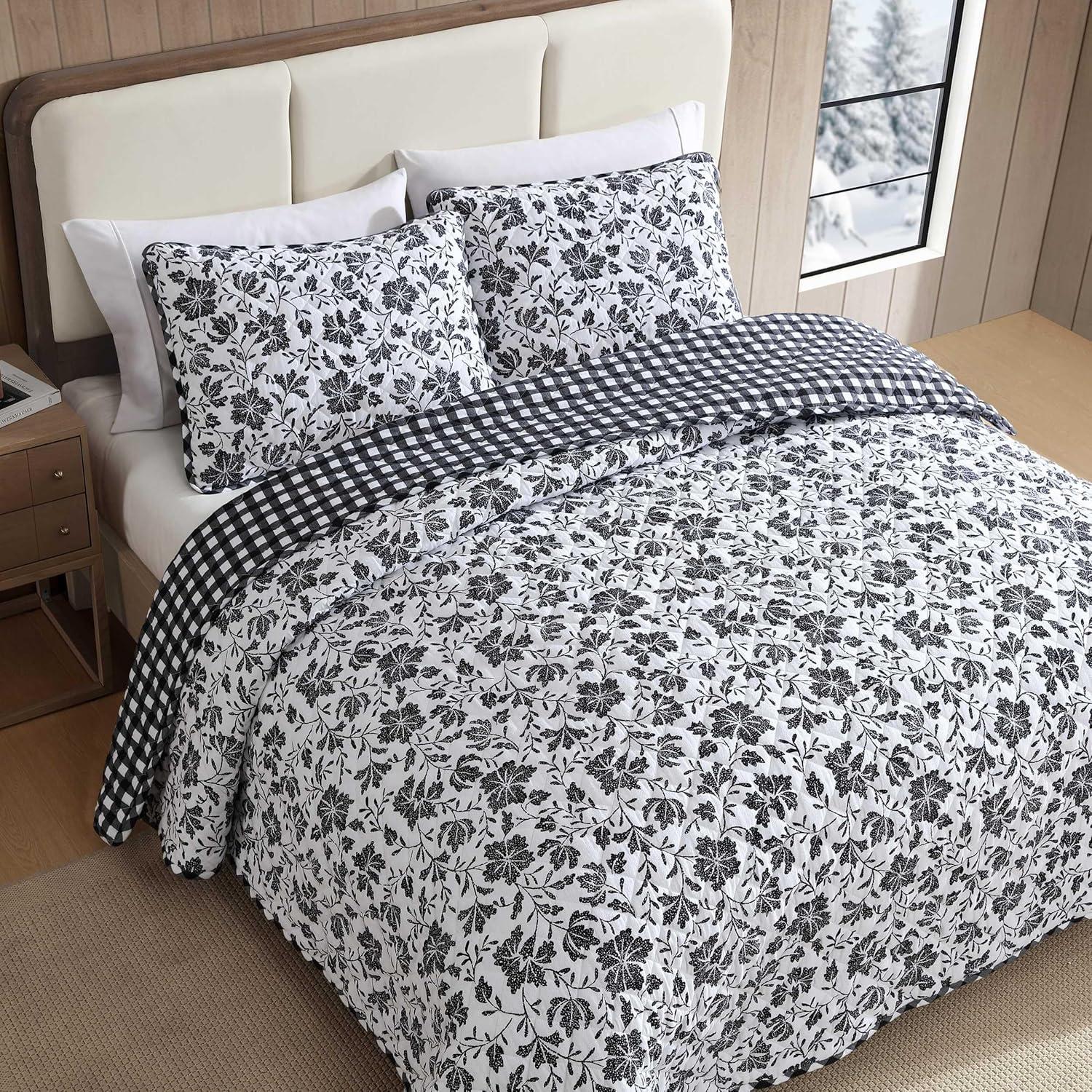 imageEddie Bauer Twin Quilt Set Super Soft Bedding with Matching Shams Rounded Corners Diamond Corner Stitch Mountain Moose Grey TwinWoodblock Floral Black