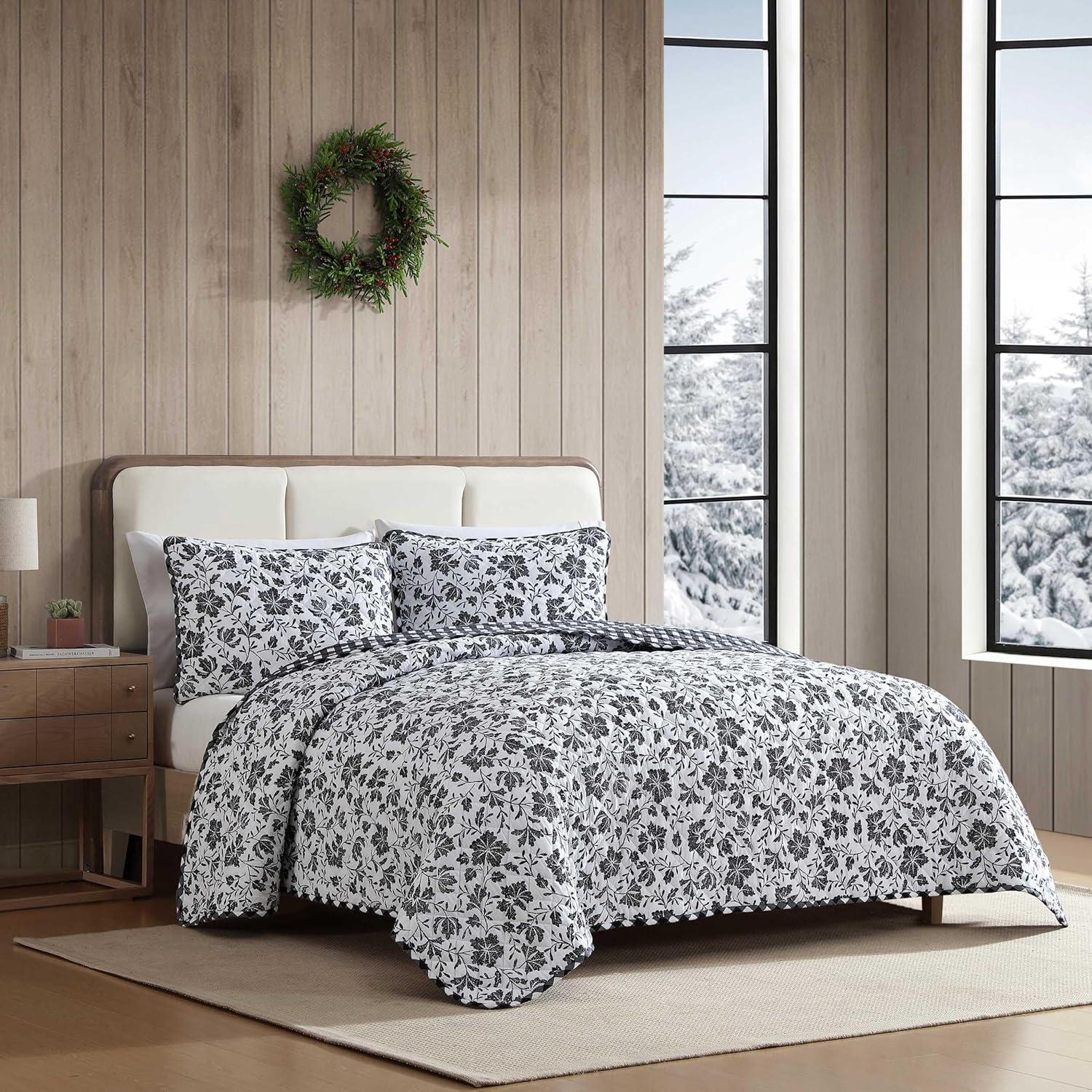 imageEddie Bauer Twin Quilt Set Super Soft Bedding with Matching Shams Rounded Corners Diamond Corner Stitch Mountain Moose Grey TwinWoodblock Floral Black