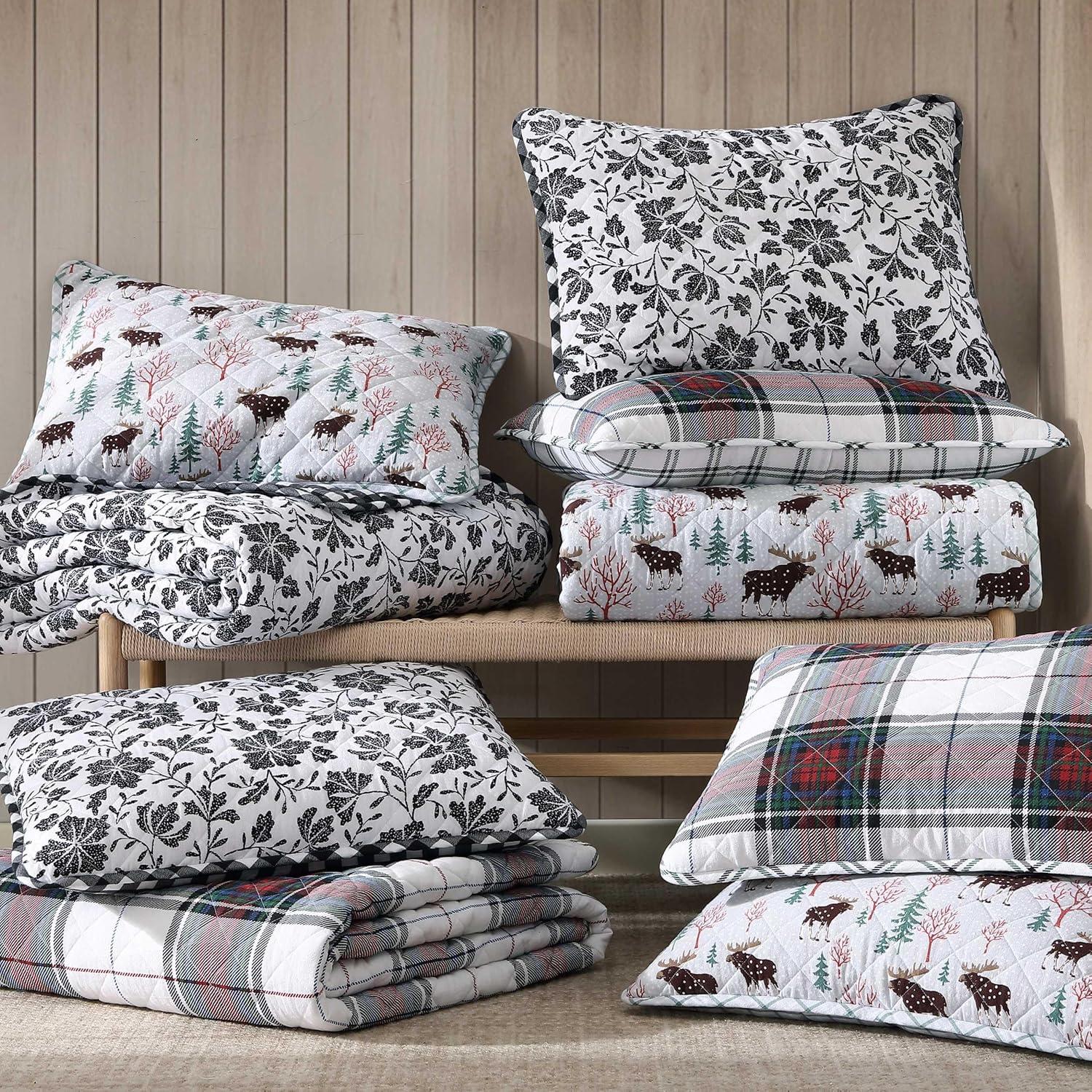 imageEddie Bauer Twin Quilt Set Super Soft Bedding with Matching Shams Rounded Corners Diamond Corner Stitch Mountain Moose Grey TwinWoodblock Floral Black