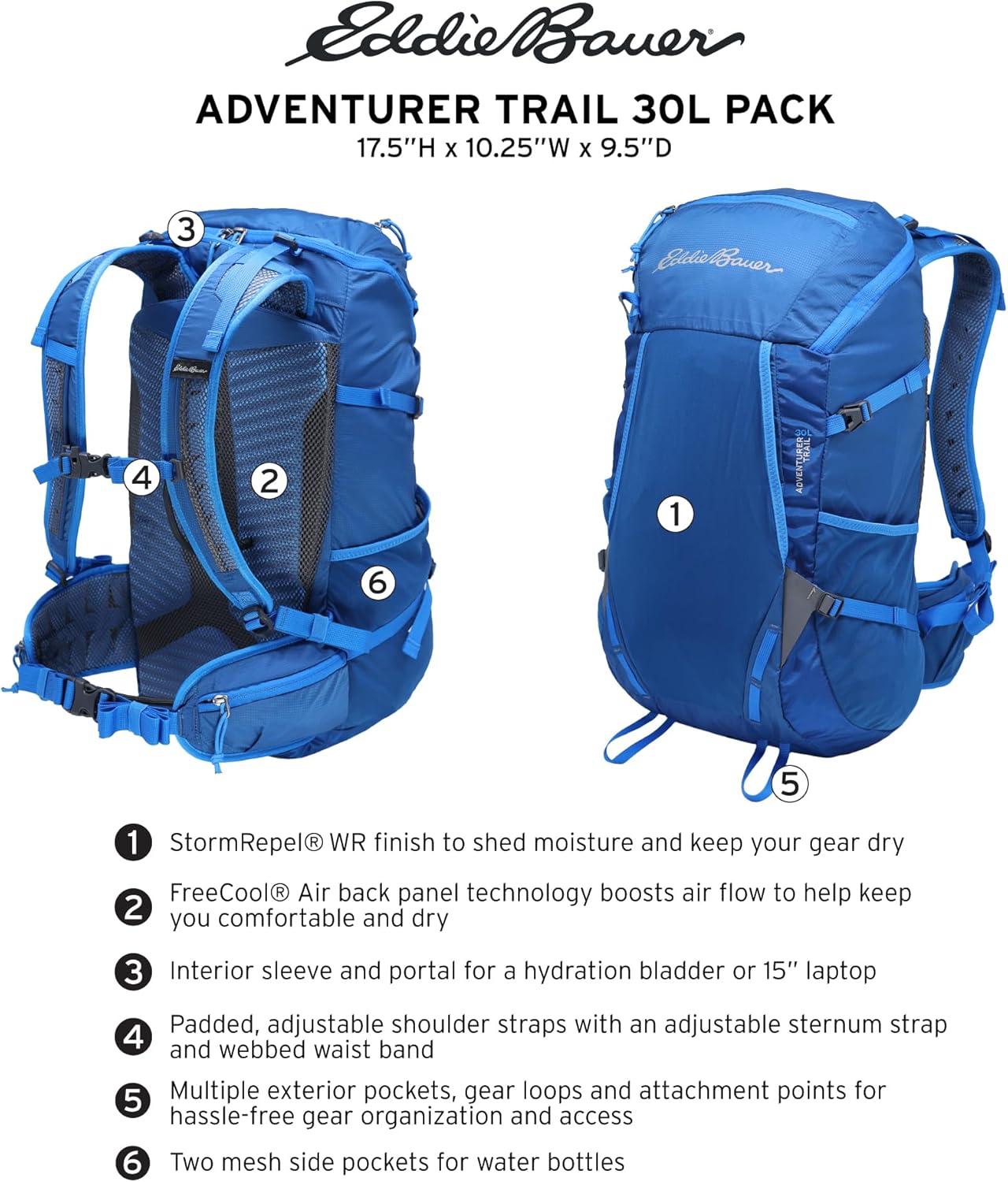 imageEddie Bauer Adventurer Backpack with Organization Compartments and HydrationLaptop Compatible Sleeve Adventurer True Blue 30LTrail Adventurer Black