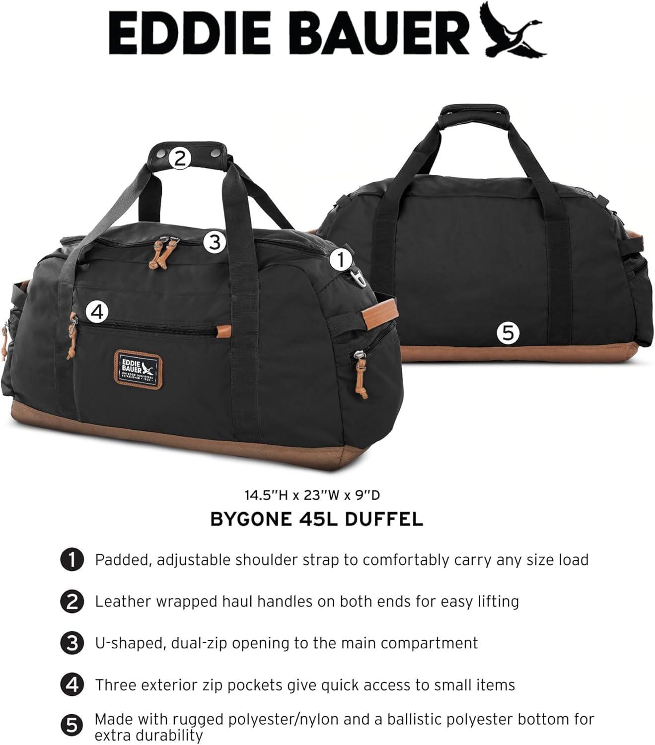 imageEddie Bauer Bygone Duffel Travel Weekend Bag Lightweight Durable 45L Rugged PolyesterNylon UShaped Main Compartment BlackSienna