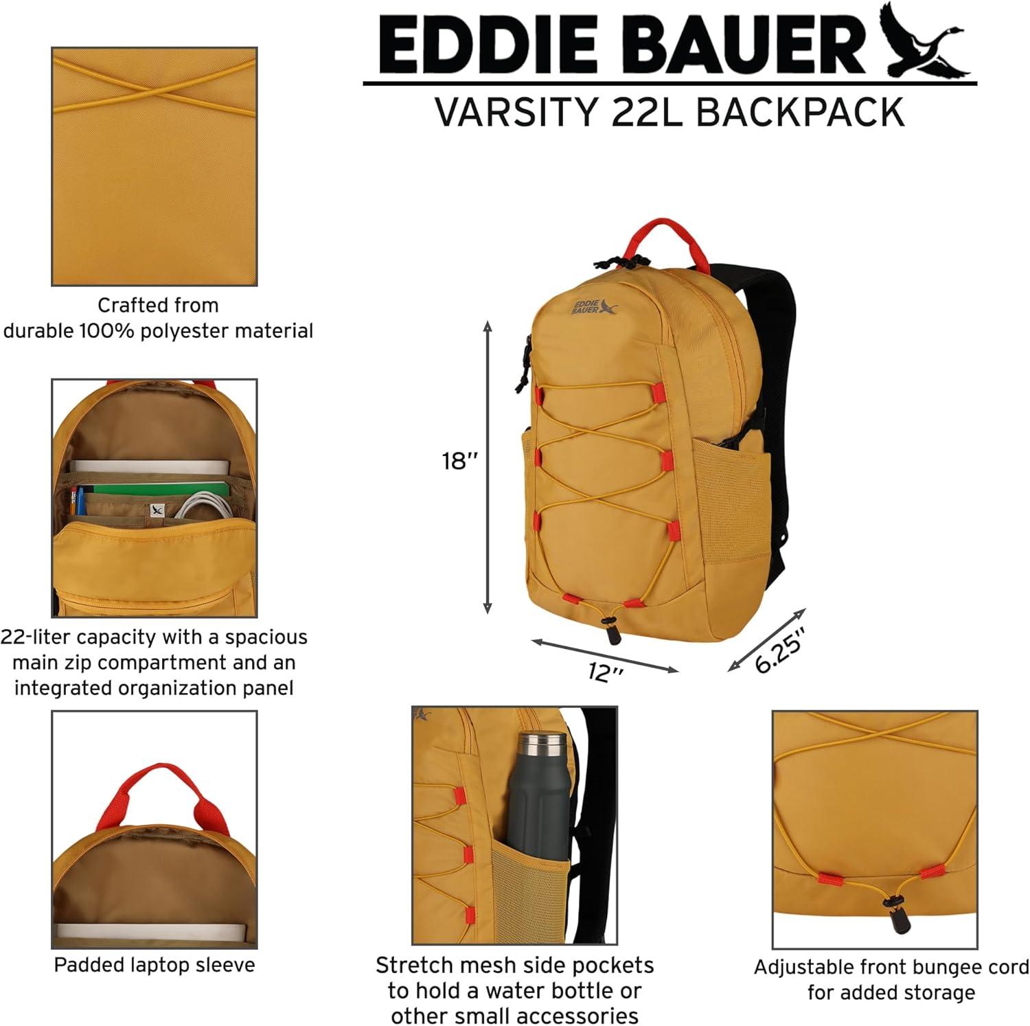 imageEddie Bauer Campus Backpack 26L Everyday Carry Work Travel Commuter Padded Laptop Sleeve Stretch Bottle Pockets Lightweight Durable Marine BlueVarsity Black