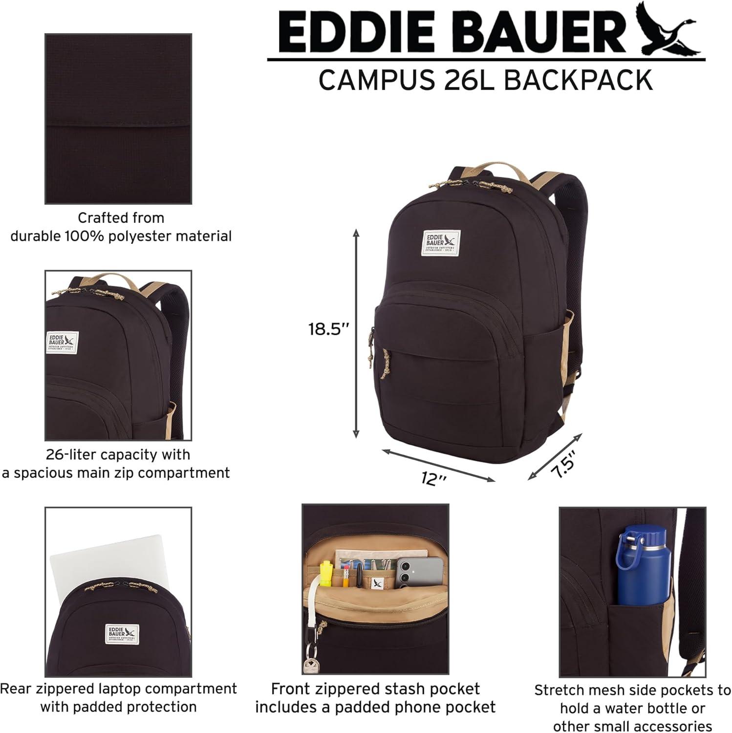 imageEddie Bauer Campus Backpack 26L Everyday Carry Work Travel Commuter Padded Laptop Sleeve Stretch Bottle Pockets Lightweight Durable Marine BlueCampus Adler Green