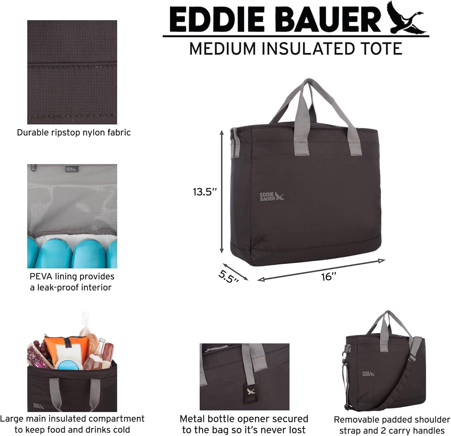 imageEddie Bauer Cooler Bag Insulated Vacation Travel Camping Tailgate Beach Picnic Festival Shoulder Carry Top Handle RainTote Cooler Black