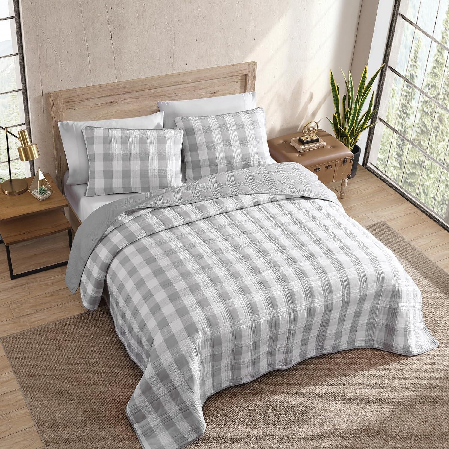 imageEddie Bauer Home Lake House Collection Bedding Set 100 Cotton LightWeight Quilt Bedspread PreWashed for Extra Comfort Twin BlueLakehouse Plaid Light Grey