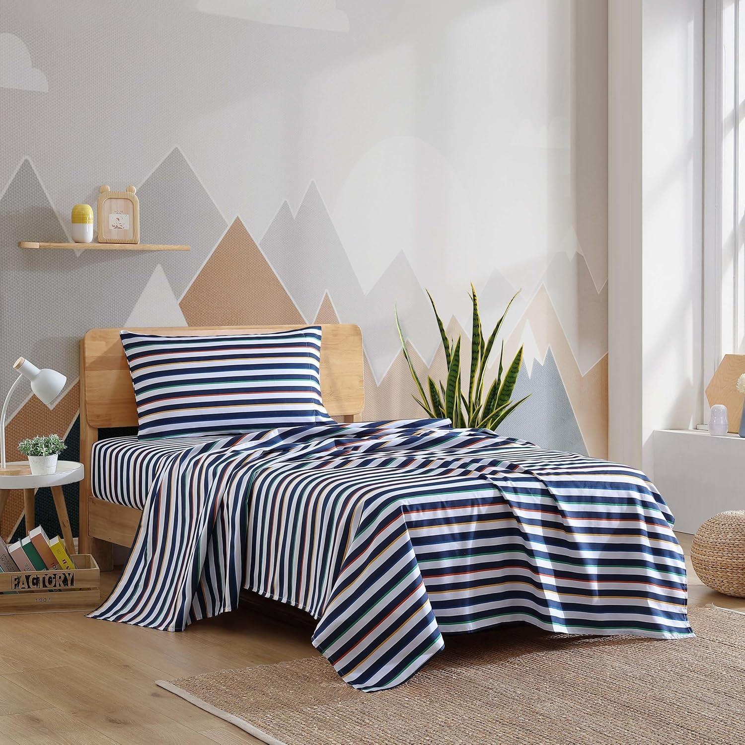 imageEddie Bauer Kids Twin Sheets StainResistant Toddler Bedding with Matching Shams Super Soft Ideal Boy Room Essentials Fish Lake White TwinStripes Game Blue