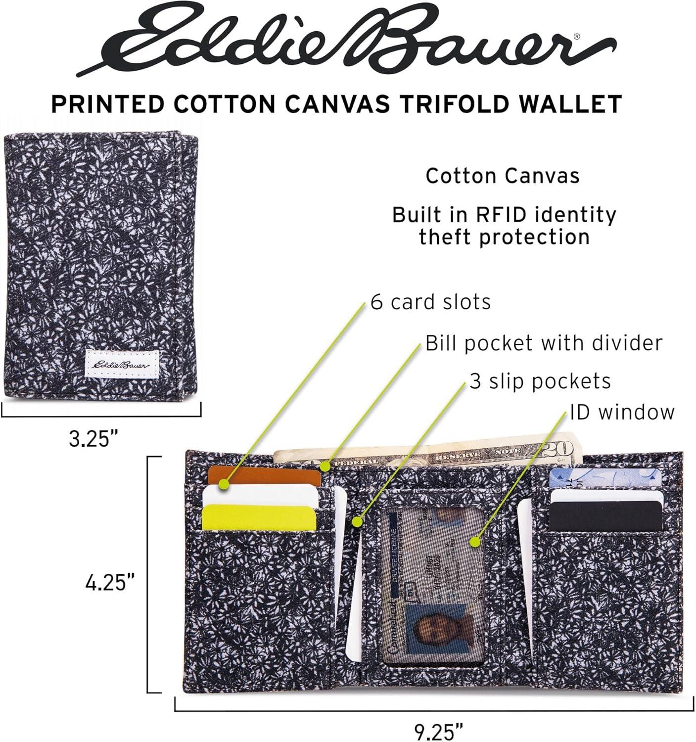 imageEddie Bauer Men Signature Bifold Passcase Wallet Available in Cotton Canvas Or Ripstop NylonCanvas Print Blue