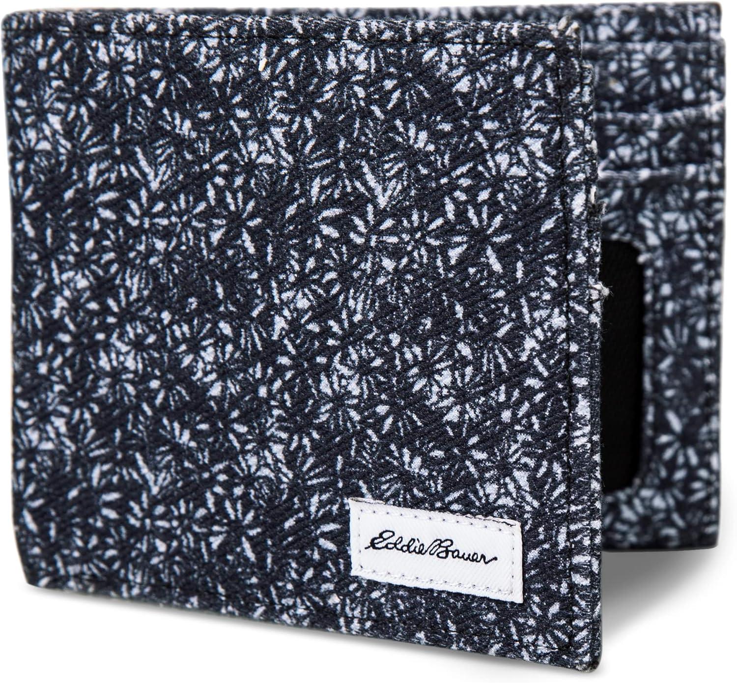 imageEddie Bauer Men Signature Bifold Passcase Wallet Available in Cotton Canvas Or Ripstop NylonCanvas Print Blue
