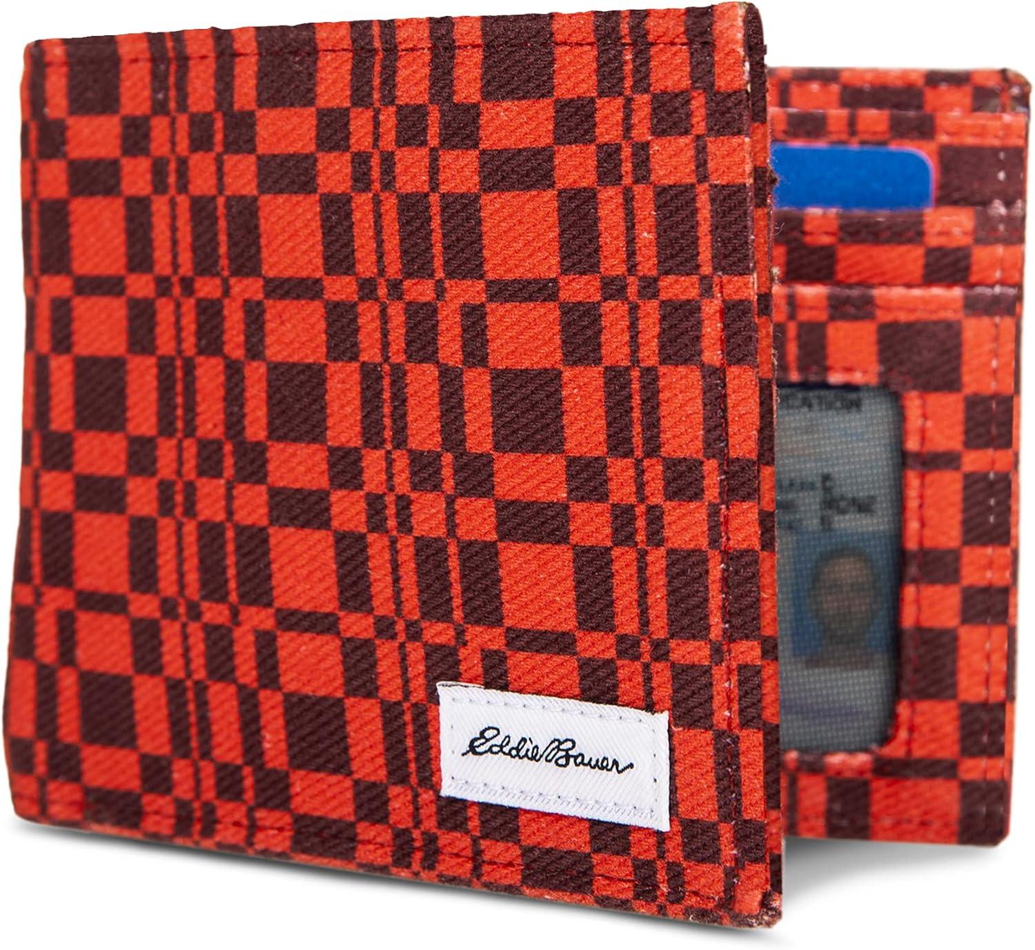 imageEddie Bauer Men Signature Bifold Passcase Wallet Available in Cotton Canvas Or Ripstop NylonCanvas Print Red