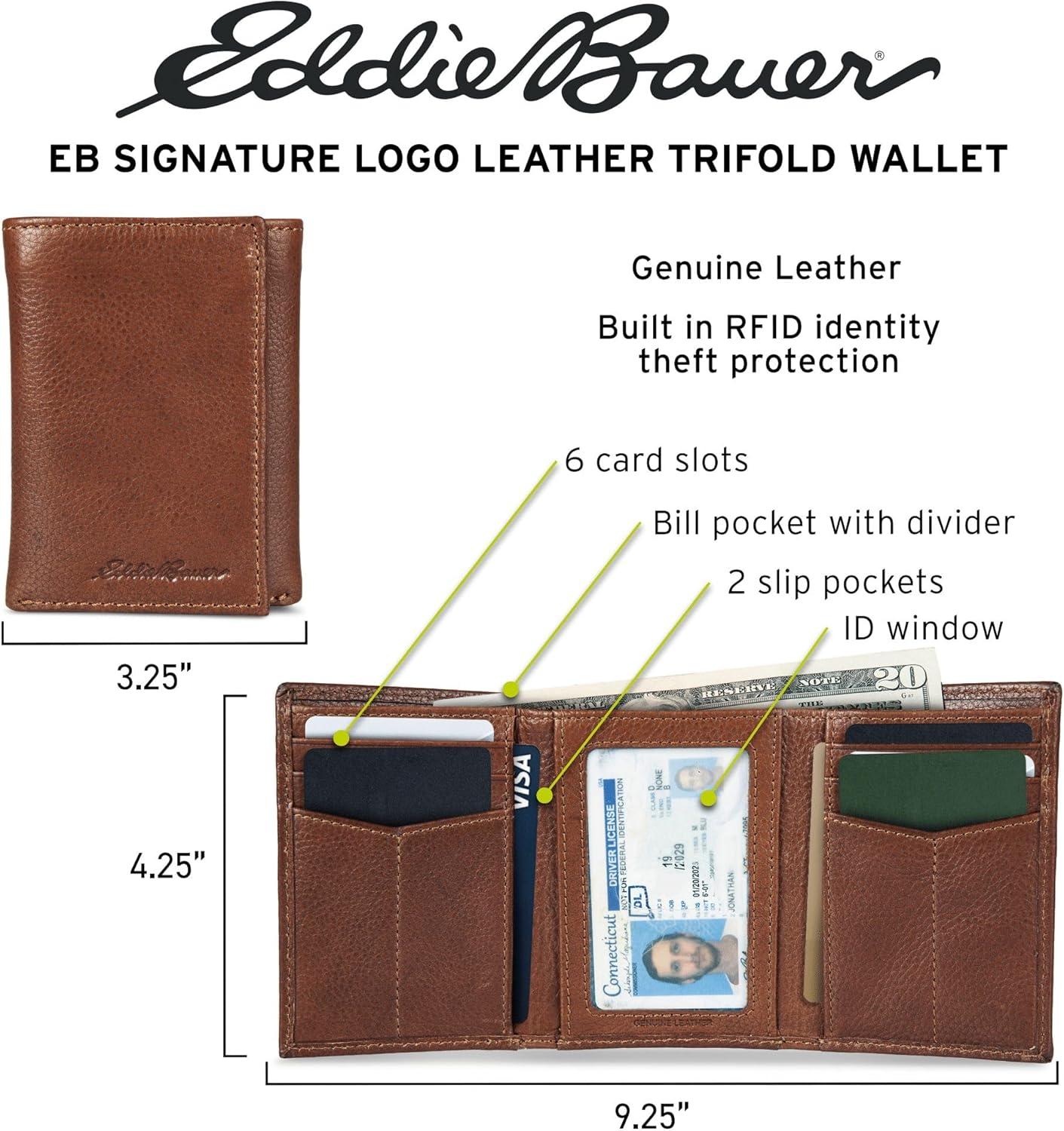 imageEddie Bauer Men Signature Trifold WalletLeather Logo Brown