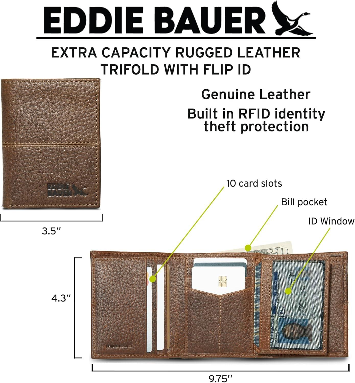 imageEddie Bauer Men Signature Trifold WalletRugged Leather Tan