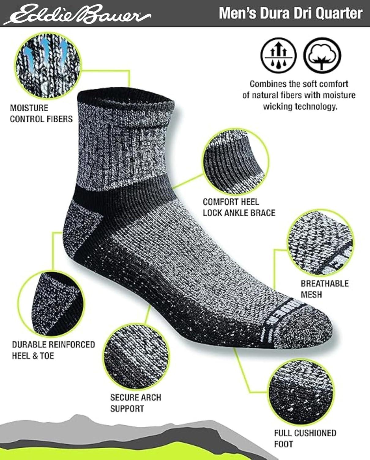 imageEddie Bauer Mens Dura Dri Moisture Control Quarter Socks MultipackBlack Assorted 6 Pairs