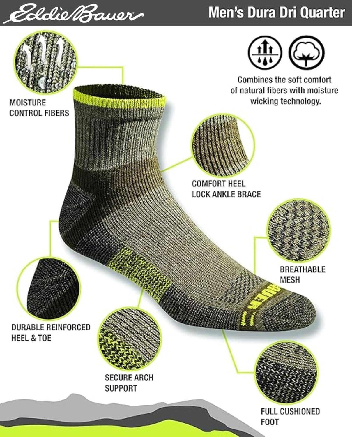 imageEddie Bauer Mens Dura Dri Moisture Control Quarter Socks MultipackOlive Assorted 6 Pairs