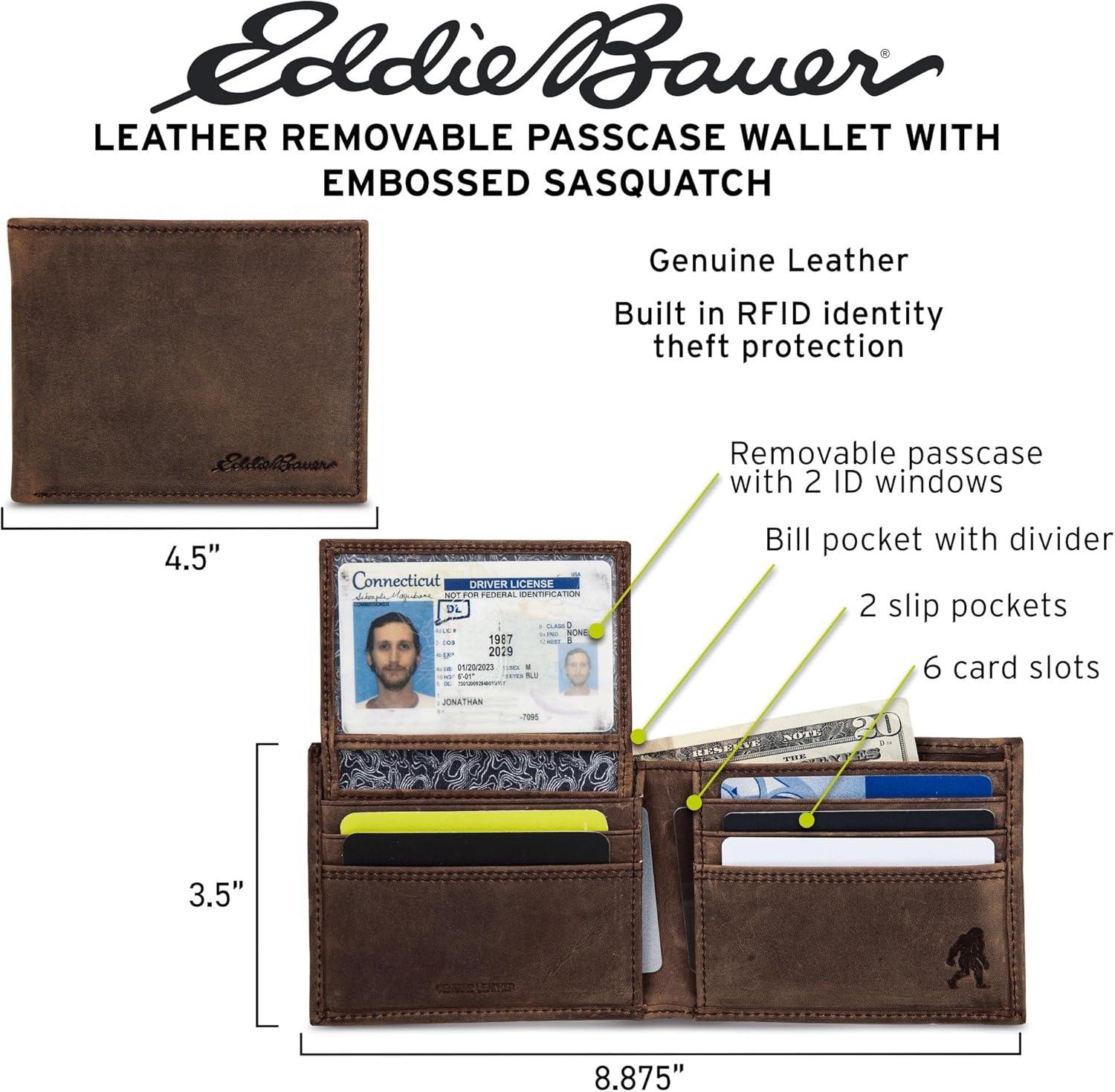 imageEddie Bauer Mens Rugged Leather Bifold Wallet Money Clip RFID Protection ID Window Genuine Leather EDCEmbossed Leather Tan
