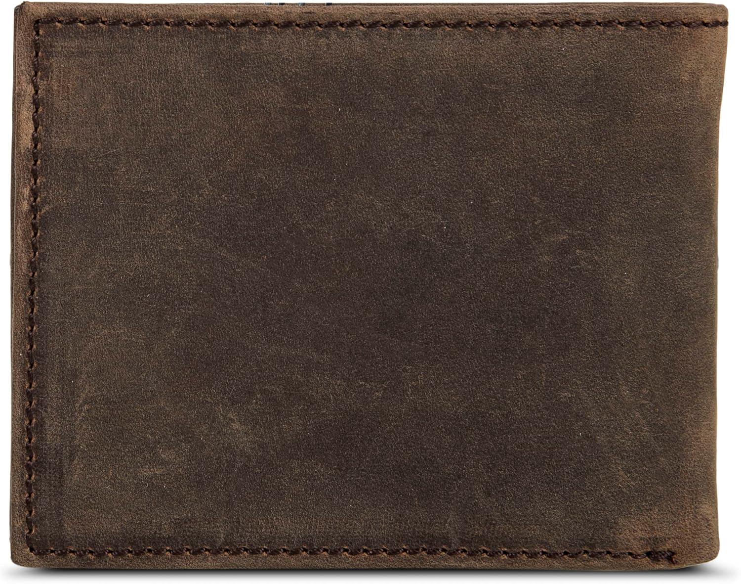 imageEddie Bauer Mens Rugged Leather Bifold Wallet Money Clip RFID Protection ID Window Genuine Leather EDCEmbossed Leather Tan