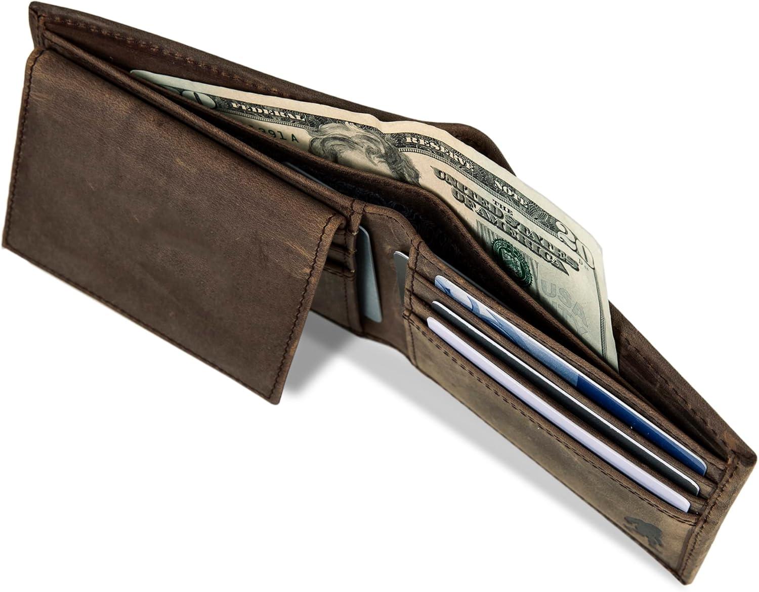 imageEddie Bauer Mens Rugged Leather Bifold Wallet Money Clip RFID Protection ID Window Genuine Leather EDCEmbossed Leather Tan