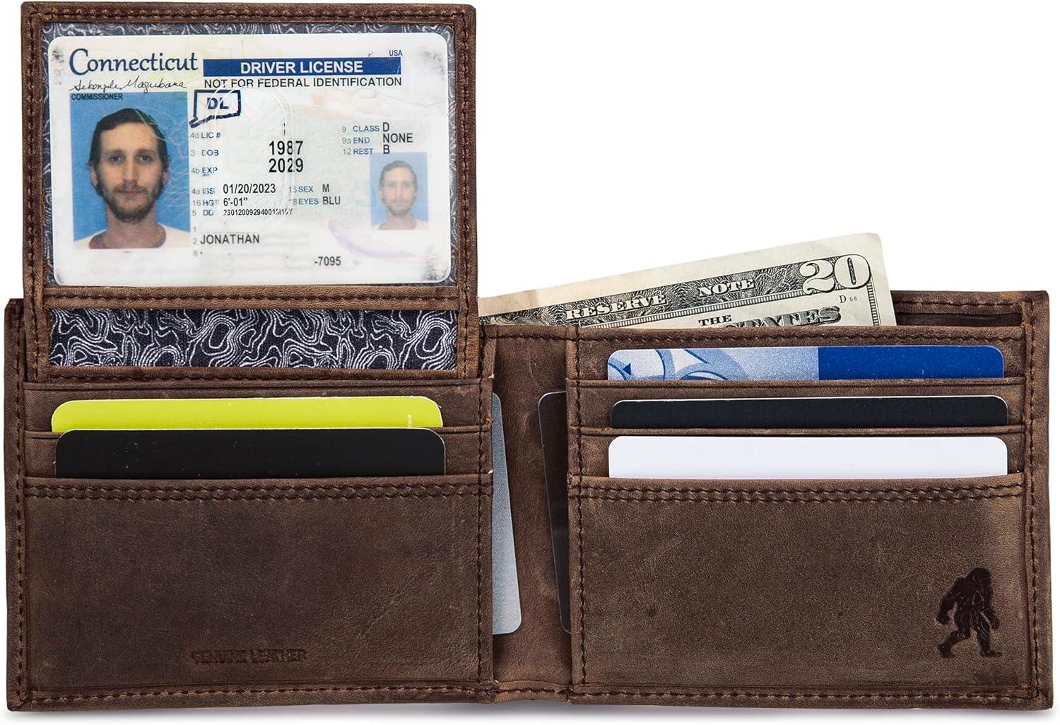 imageEddie Bauer Mens Rugged Leather Bifold Wallet Money Clip RFID Protection ID Window Genuine Leather EDCEmbossed Leather Tan