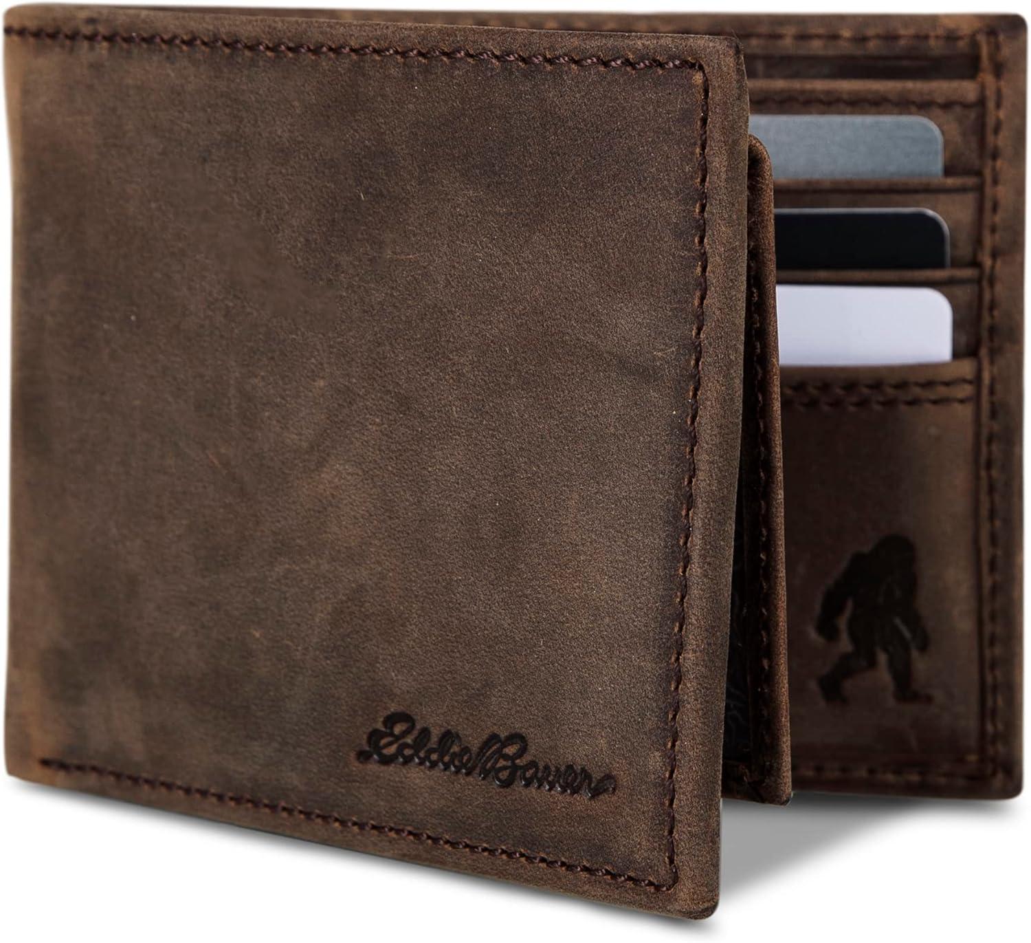 imageEddie Bauer Mens Rugged Leather Bifold Wallet Money Clip RFID Protection ID Window Genuine Leather EDCEmbossed Leather Tan